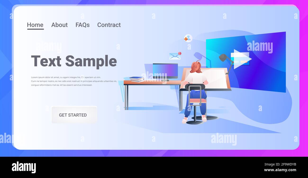 donna seduto sul posto di lavoro social media network concetto di comunicazione online lunghezza orizzontale intera Illustrazione Vettoriale