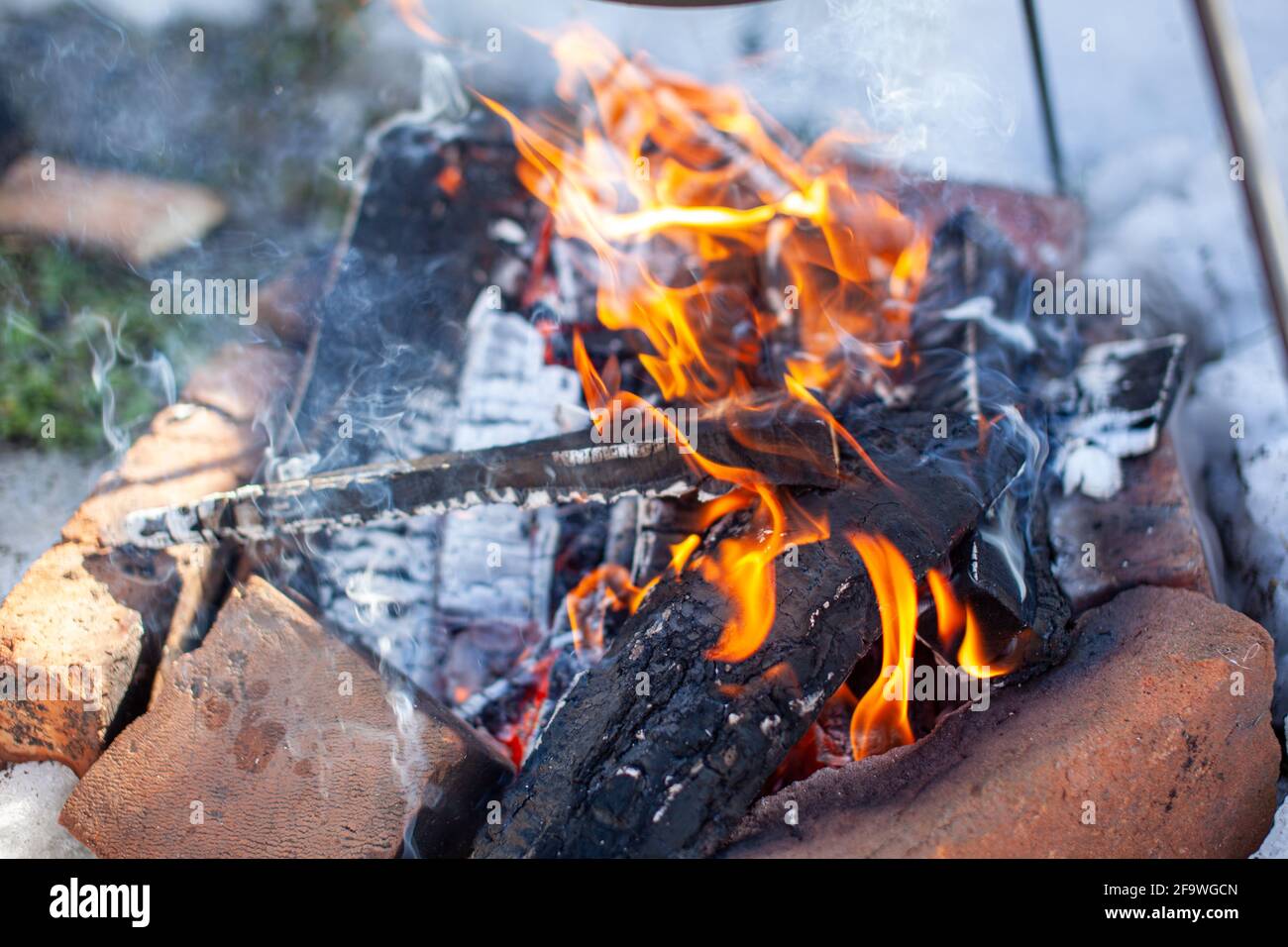 Un fuoco che brucia in inverno in natura. Primo piano sul cibo di strada. Cucina cibo sul fuoco. Fuoco per calore in una fredda giornata invernale Foto Stock
