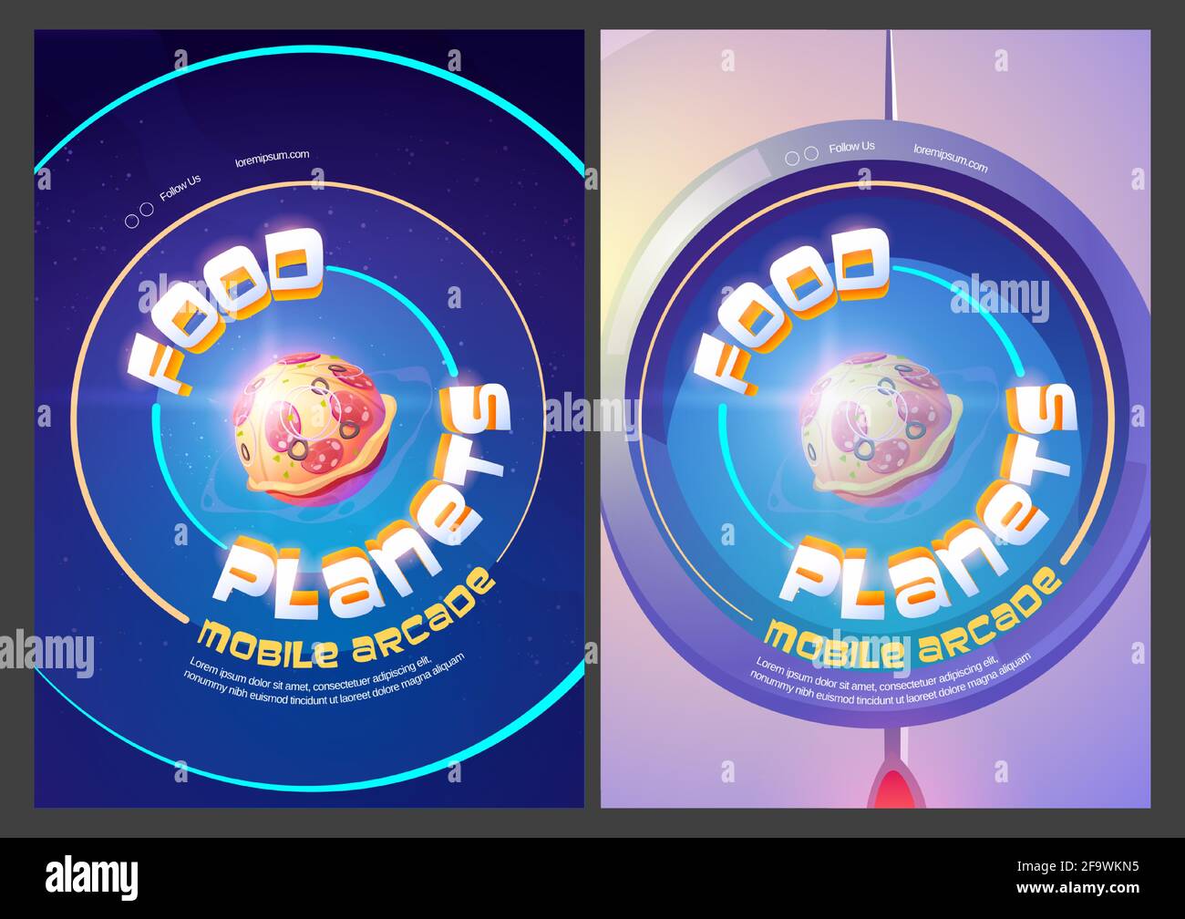 Food Planets mobile arcade, gioco di fantasia cosmica con sfera pizza nello spazio esterno vista oblò. Avventura nel cosmo, divertente disegno grafico dell'interfaccia utente galassia mondiale, schermi a bordo Cartoon Vector Illustration Illustrazione Vettoriale