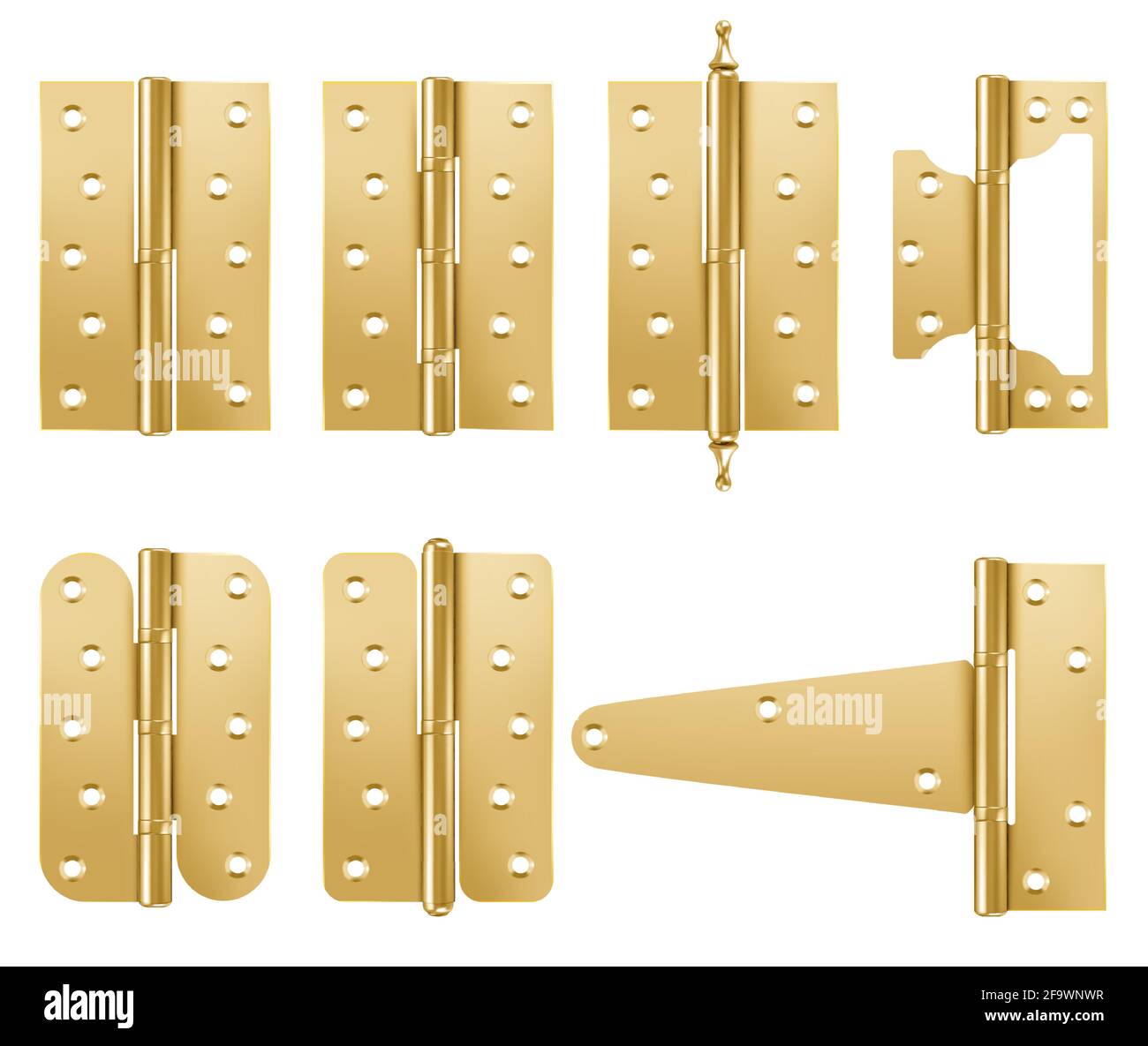 Cerniere per porte, metallo a cappio di colore giallo, elementi grafici dorati o bronzei lucidi per il design e la ristrutturazione della casa isolati su sfondo bianco, illustrazione vettoriale 3d realistica, set di icone Illustrazione Vettoriale