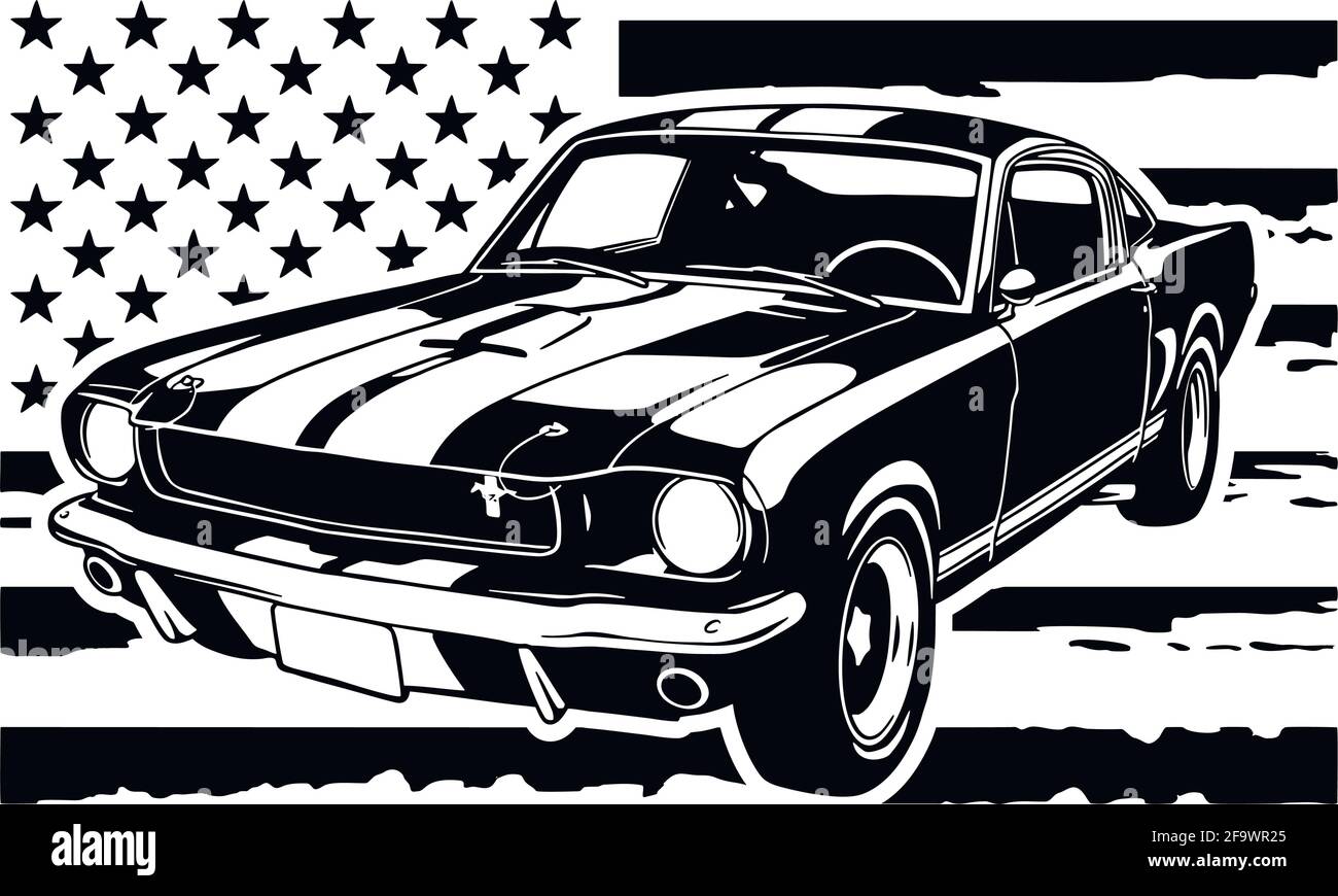 US Classic Muscle car, Vintage car, Stencil, Silhouette, Vector clip Art per maglietta ed emblema Illustrazione Vettoriale