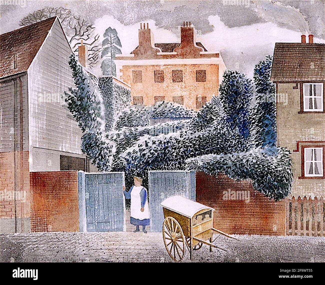 Eric Ravilious opera d'arte intitolata il Vicarage a Castle Hedingham, Essex, Inghilterra. Foto Stock