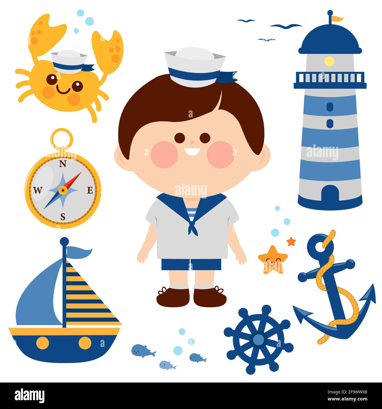 Sailor boy in uniforme marina sul set nautico marino. Bambino piccolo in costume da capitano marinaio. Set nautico marino con faro, ancora, salvagente. Foto Stock