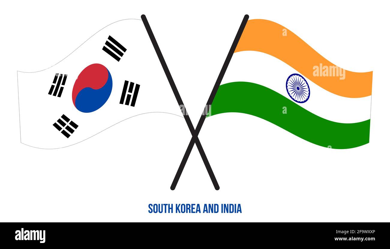 Corea del Sud e India Bandiere incrociate e ondulate stile piatto. Proporzione ufficiale. Colori corretti. Illustrazione Vettoriale