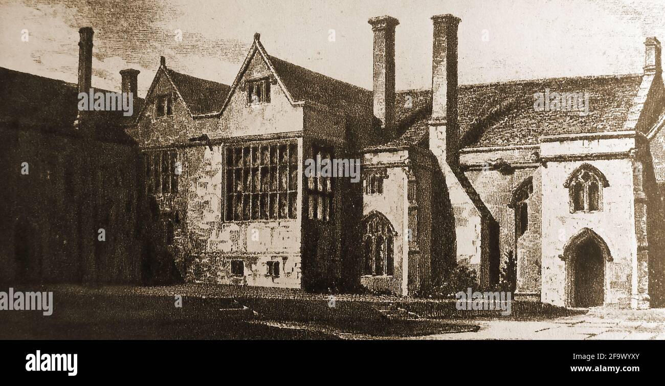 Un'incisione all'inizio del XIX secolo della South Wraxall Manor House nel Wiltshire, Regno Unito. Il grado che ho elencato l'edificio risale in parte al 1400's ed è detto essere uno dei luoghi in cui Sir Walter Long e il suo amico Sir Walter Raleigh primo tabacco fumato nel Regno Unito. Durante la seconda guerra mondiale fu utilizzata dagli evacuati e più tardi come casa convalescente per i bambini. Foto Stock