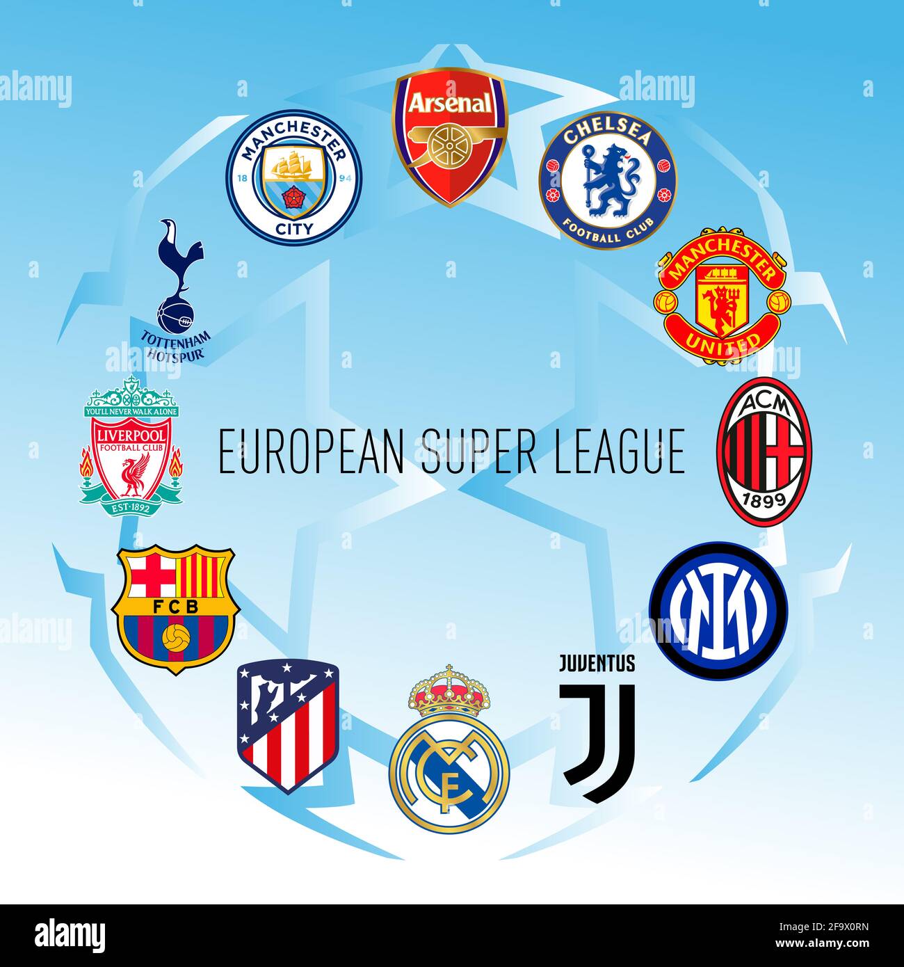 Europa, anno 2021, squadra di stemma dei Football Club nel nuovo campionato europeo Super League, illustrazione vettoriale Foto Stock