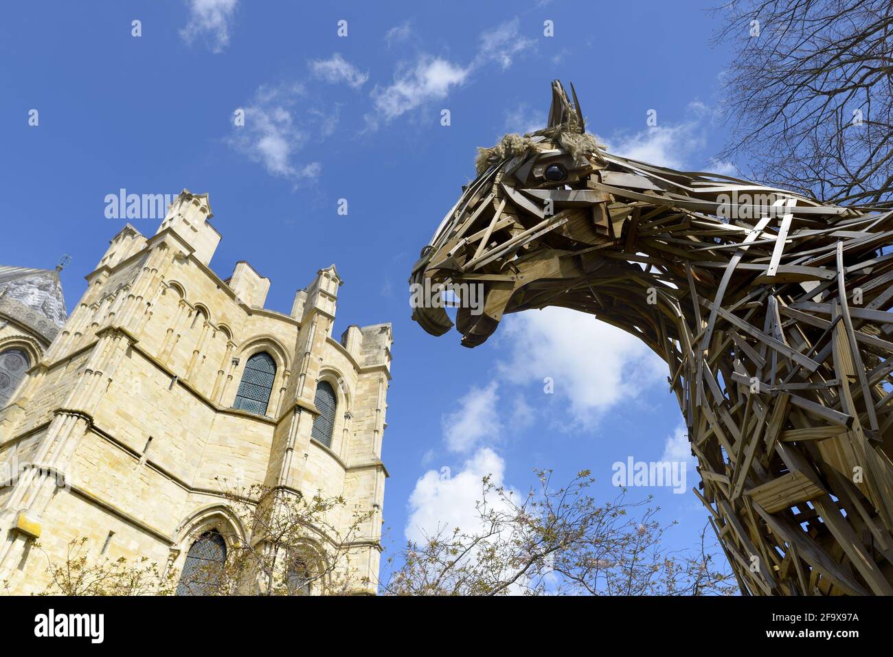 Canterbury, Kent, Regno Unito. Il Canterbury War Horse, presso la Canterbury School of Visual Arts, nei terreni della Cattedrale di Canterbury Foto Stock