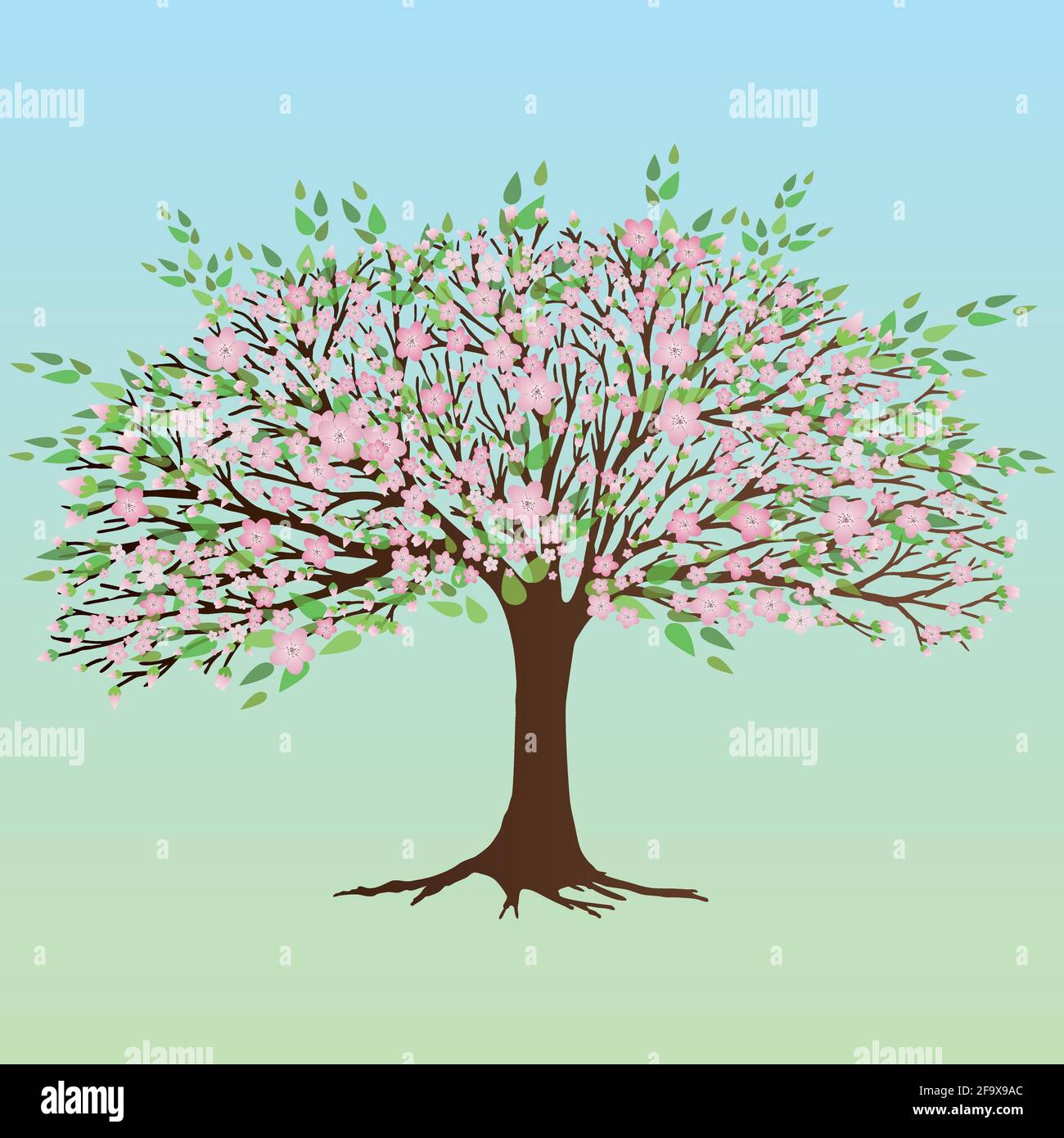 Un ampio albero con fiori e foglie rosa Illustrazione Vettoriale