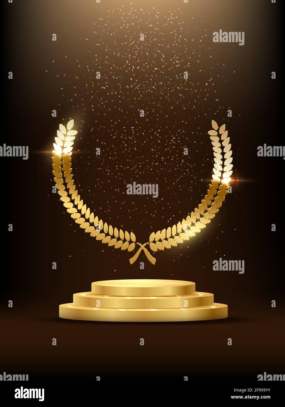 Podio d'oro con alloro incandescente. Palco in oro con glitter e nebbia chiara su sfondo scuro. La fama di Hollywood nel cinema e nel cinema o nel campionato in spor Illustrazione Vettoriale