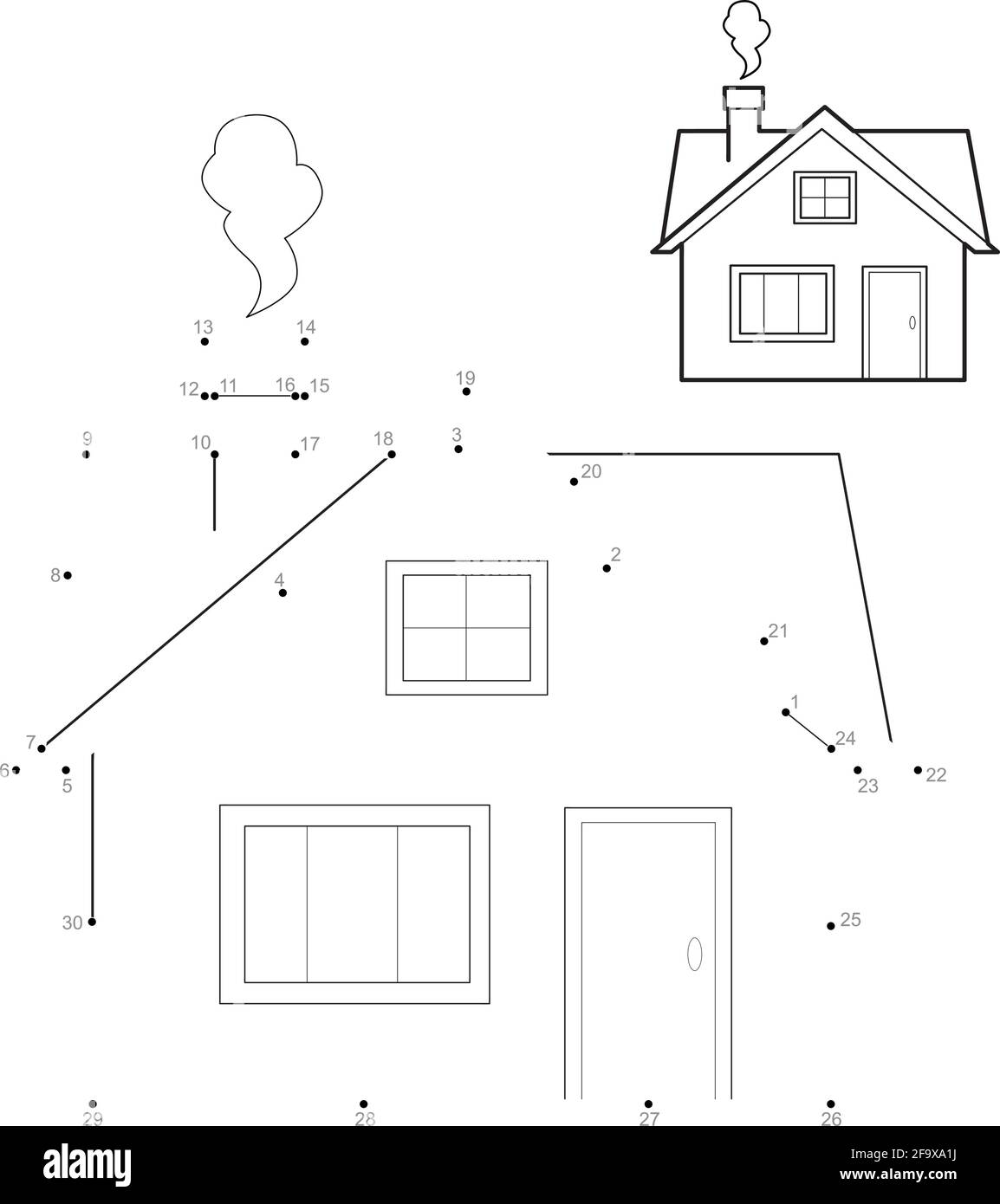 Puzzle punto a punto per i bambini. Collegare il gioco a punti. Illustrazione della casa Illustrazione Vettoriale