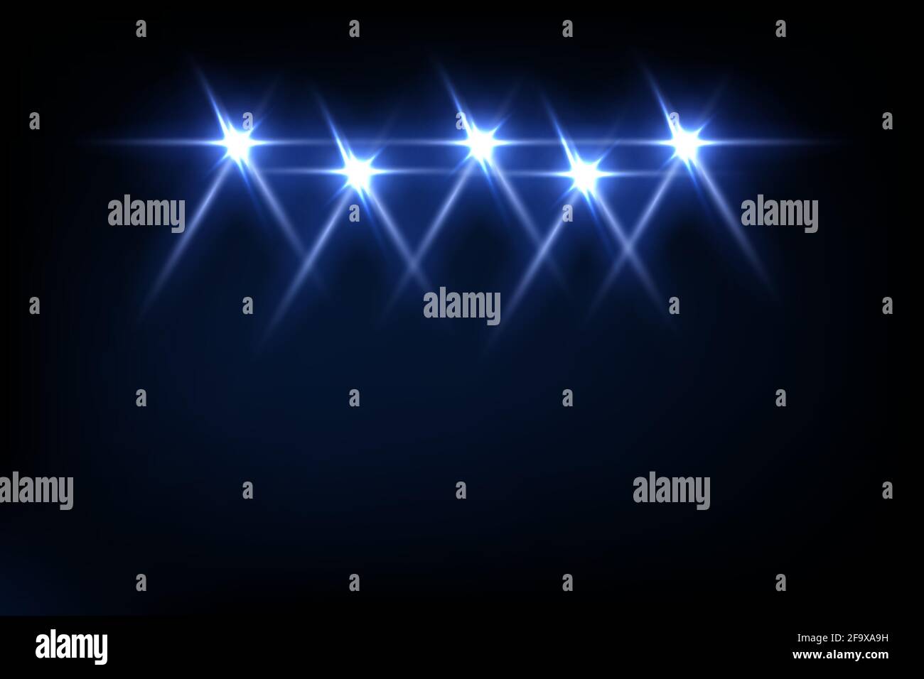 Luce blu dai proiettori su sfondo nero. Faretto con effetto fascio sull'illustrazione vettoriale della tavola. Astratto luminosa discoteca a party o ente Illustrazione Vettoriale