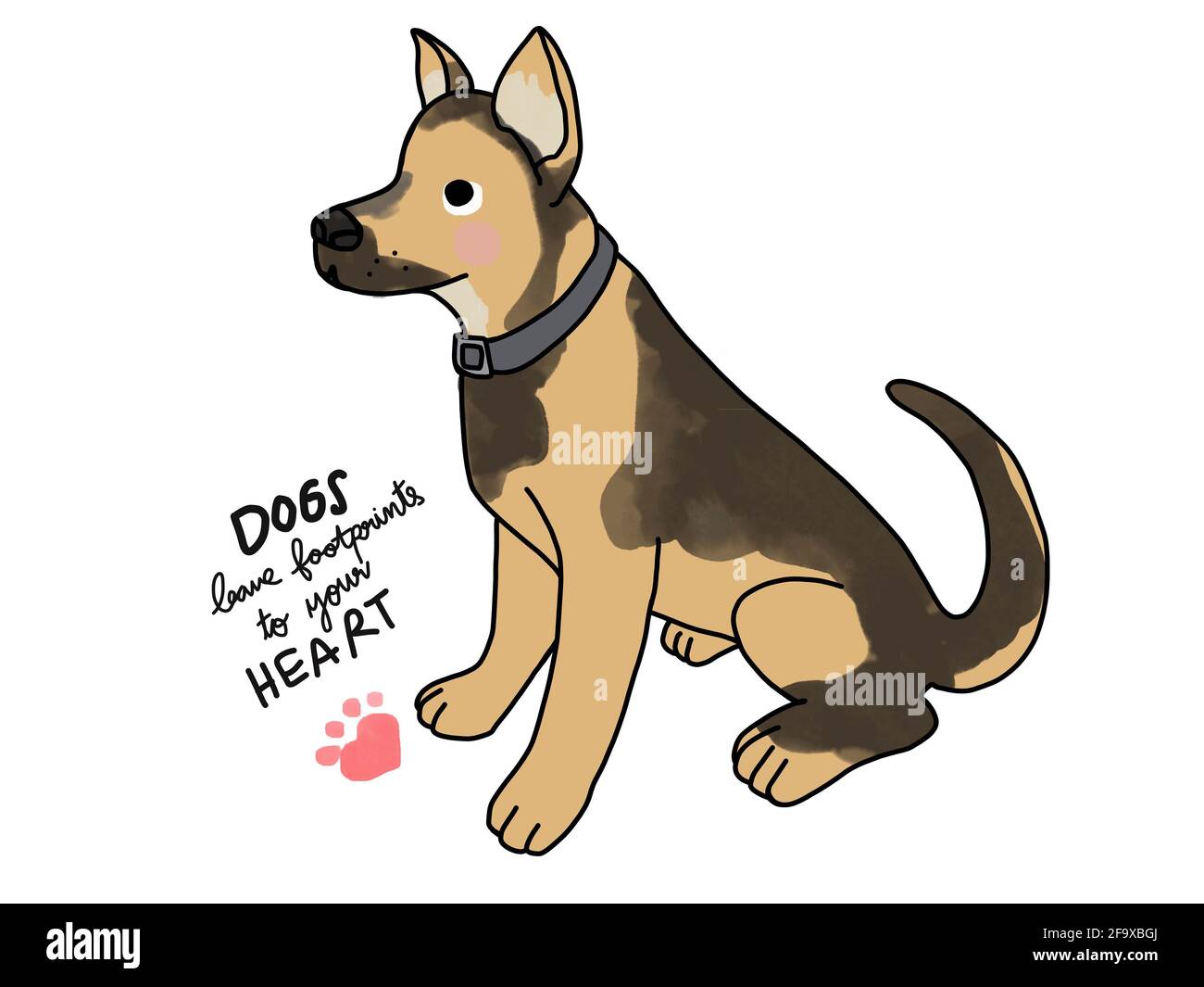 Cane alsaziano con impronta a forma di cuore e i cani di parola lasciare footprint per il tuo cuore cartoon illustrazione vettoriale Foto Stock