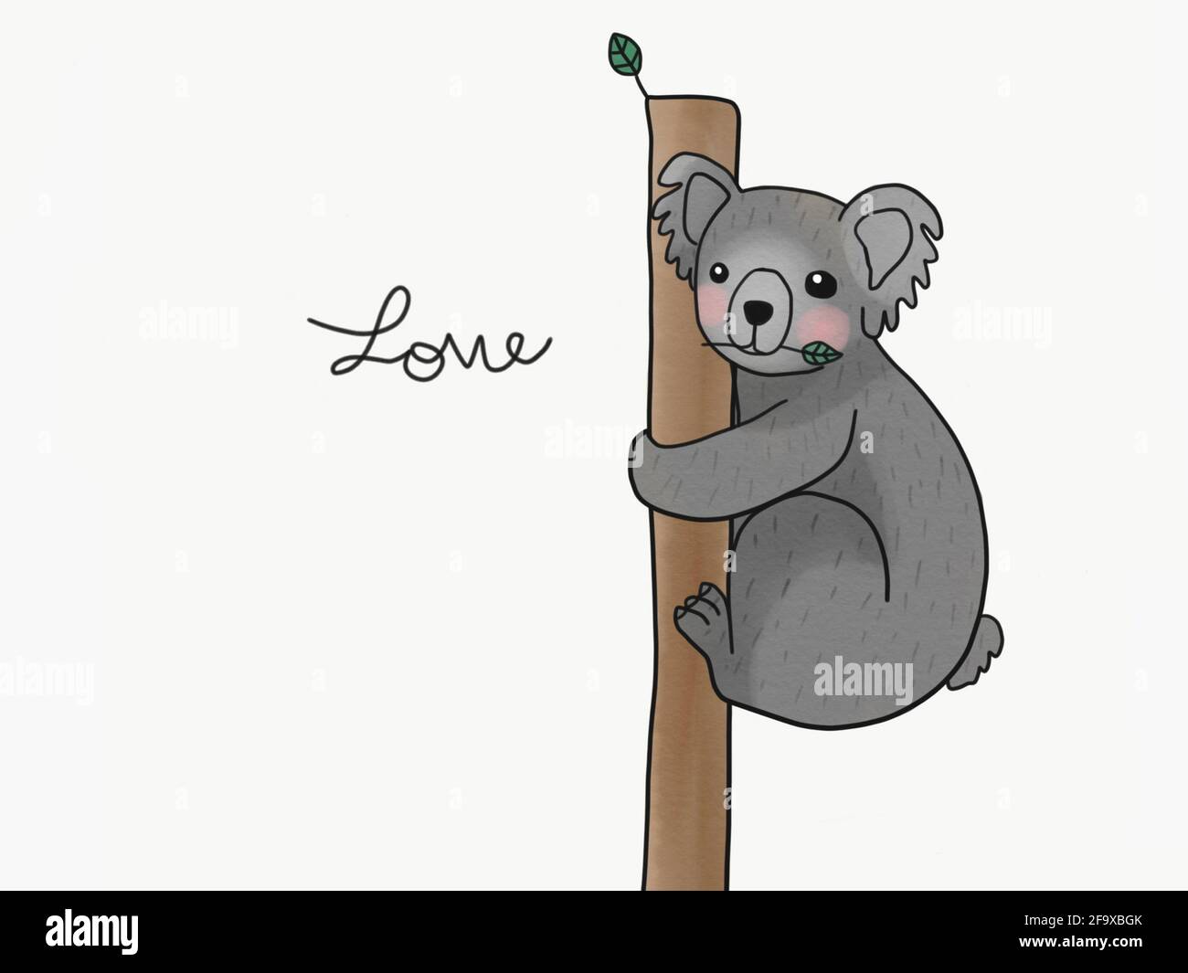 Orso di Koala appeso su albero di eucalipto illustrazione di pittura acquerello Foto Stock