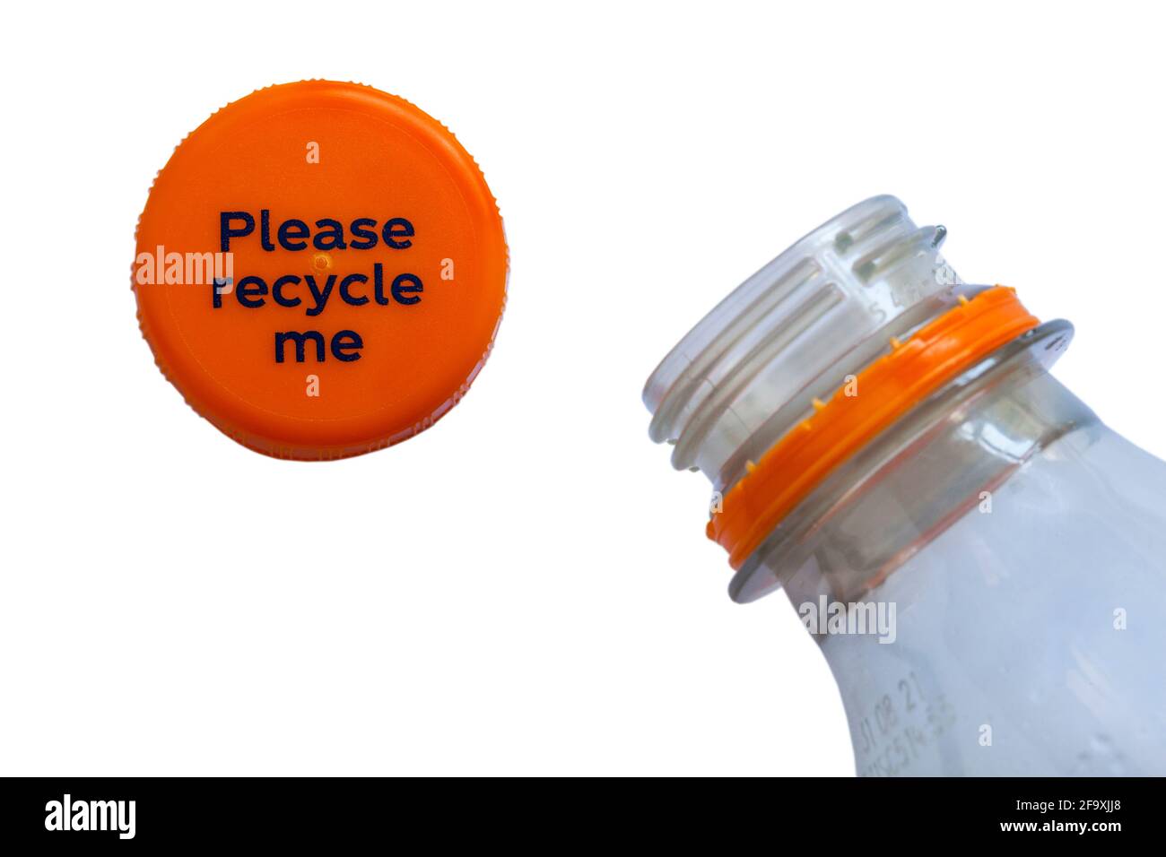 Si prega di riciclare il tappo del flacone dal flacone di arancione Fanta bere Foto Stock
