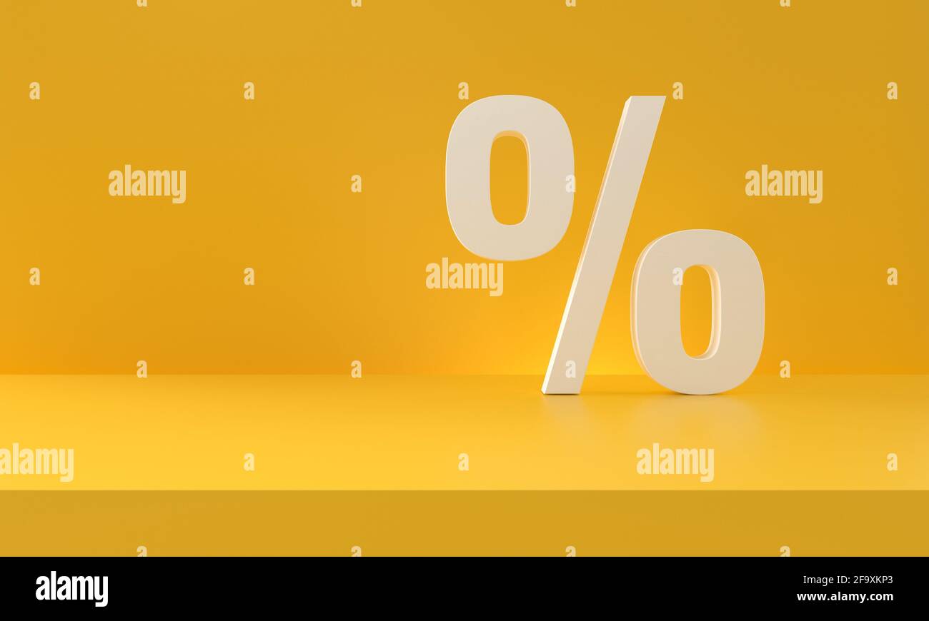 Simbolo di sconto in percentuale su sfondo giallo. Concetto di vendita e shopping. rendering 3d. Foto Stock