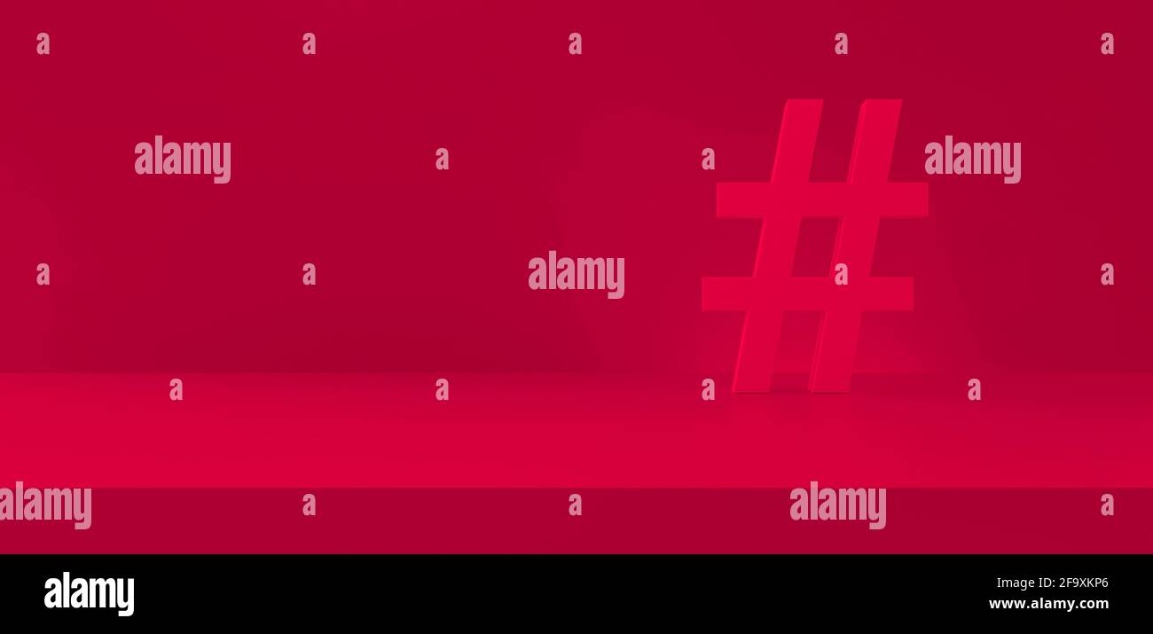 Simbolo hashtag rosso in studio fotografico sfondo panoramico. Argomenti di tendenza, tendenze, marketing digitale. rendering 3d. Foto Stock