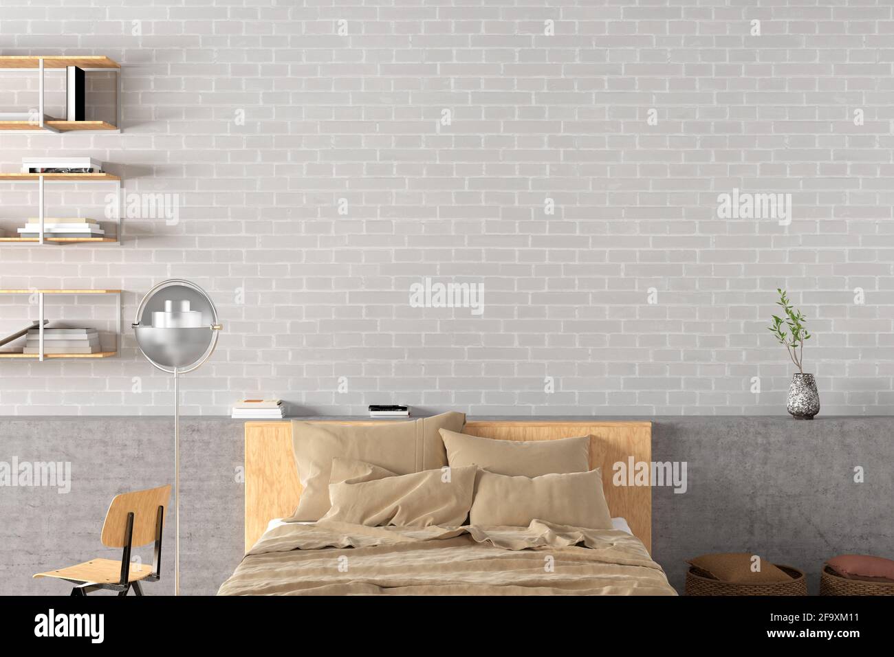 Muro bianco bianco in mattoni della camera da letto in stile loft Foto Stock