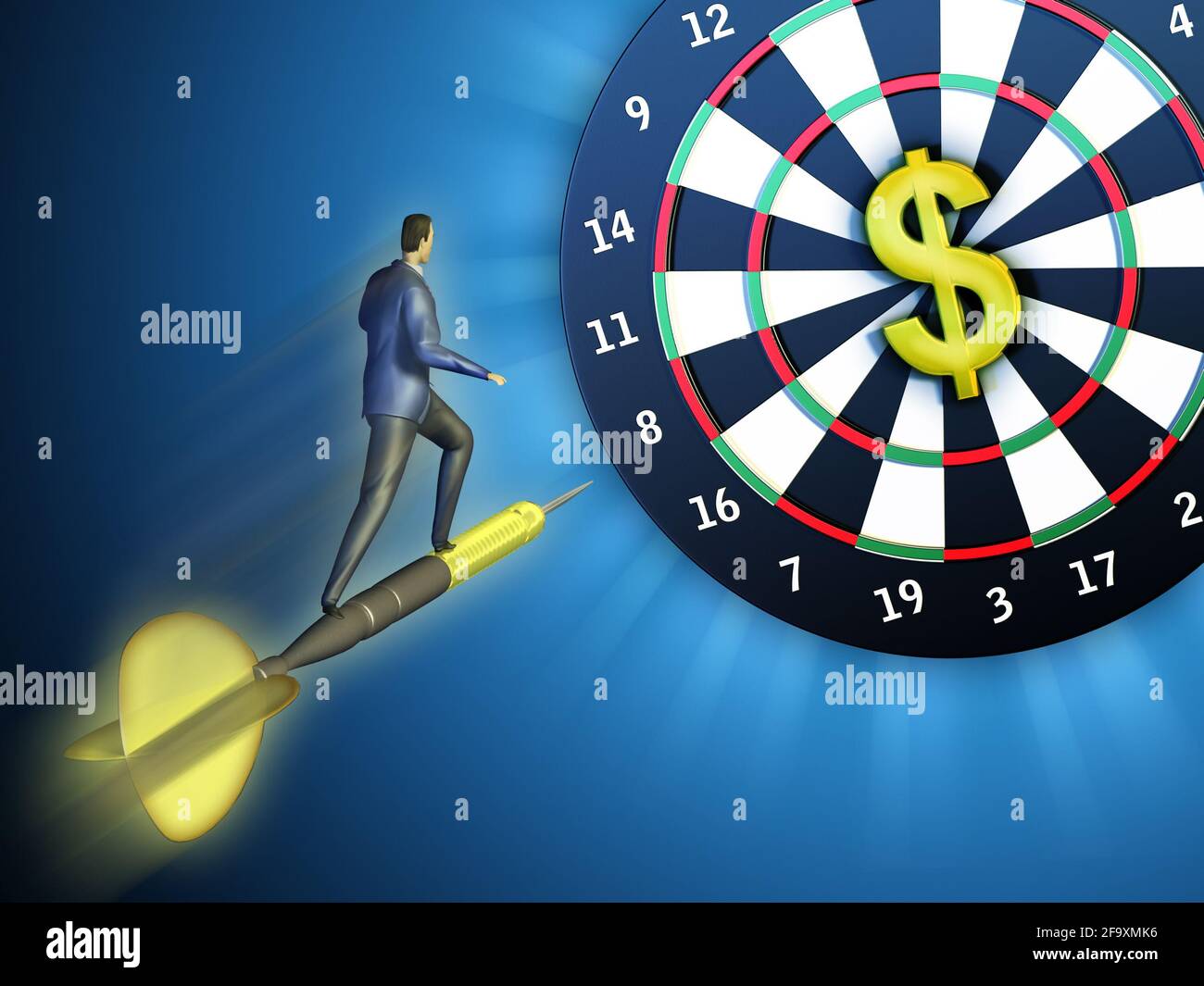 Uomo d'affari su un freccette volante sta colpendo un bordo in cui il punteggio più alto è rappresentato da un dollaro. Illustrazione digitale. Foto Stock
