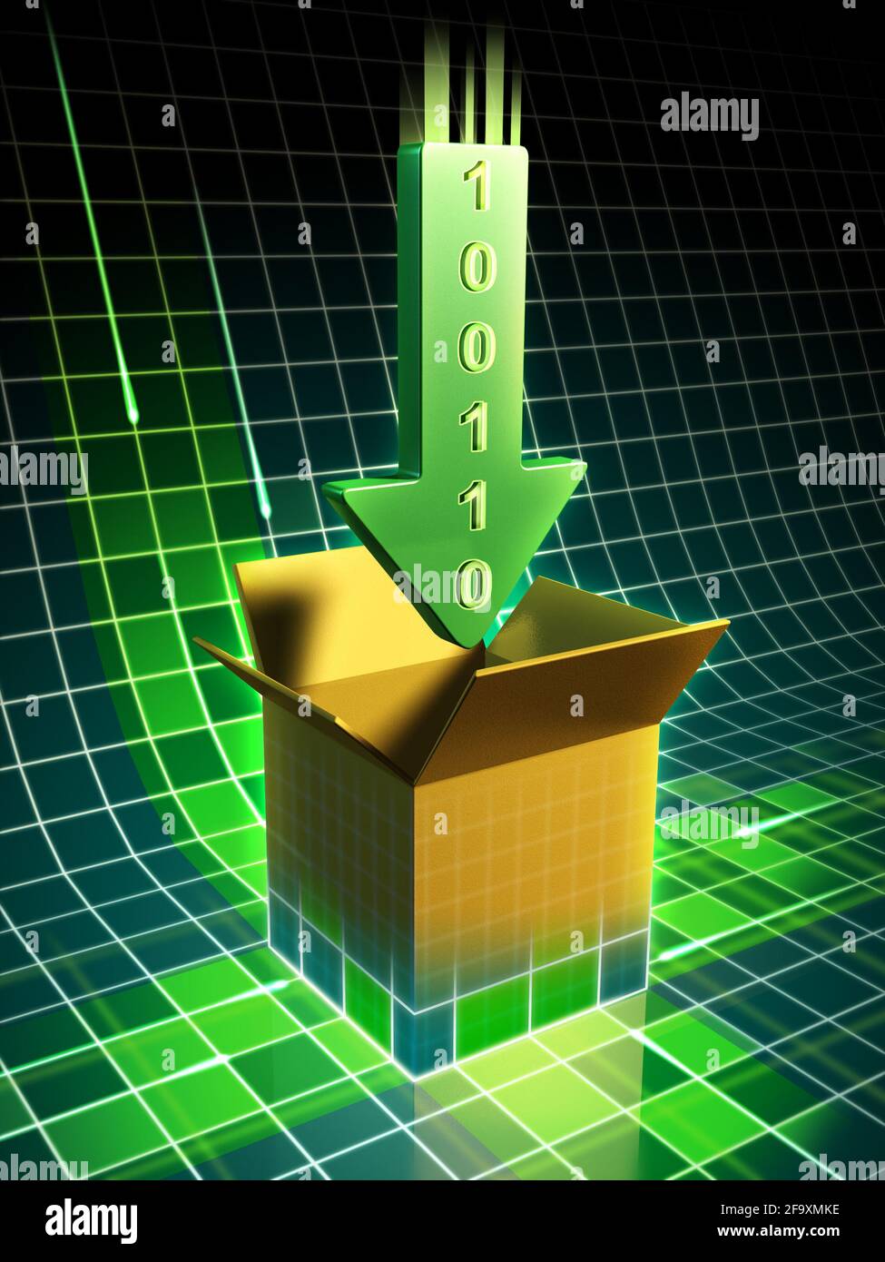 Download dei dati rappresentato da una freccia verde che punta a una scatola che emerge dalla superficie di un telaio a filo. Illustrazione digitale. Foto Stock
