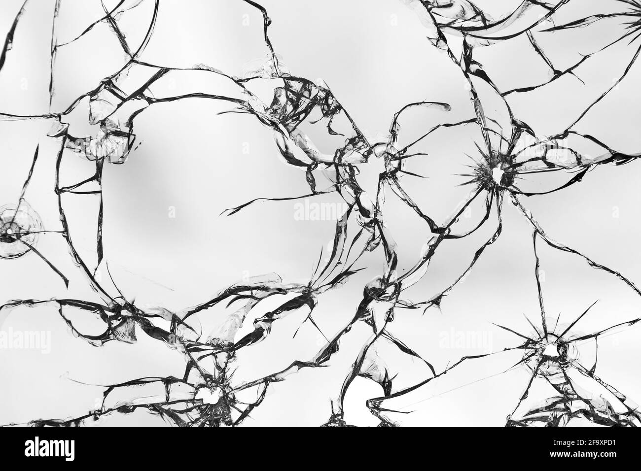 Molte incrinature nel vetro. Struttura di vetro rotta su sfondo bianco. Fori dagli shot nella finestra Foto Stock