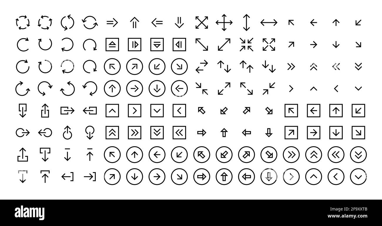128 icone freccia. Tratto modificabile con linee sottili e nitide Illustrazione Vettoriale