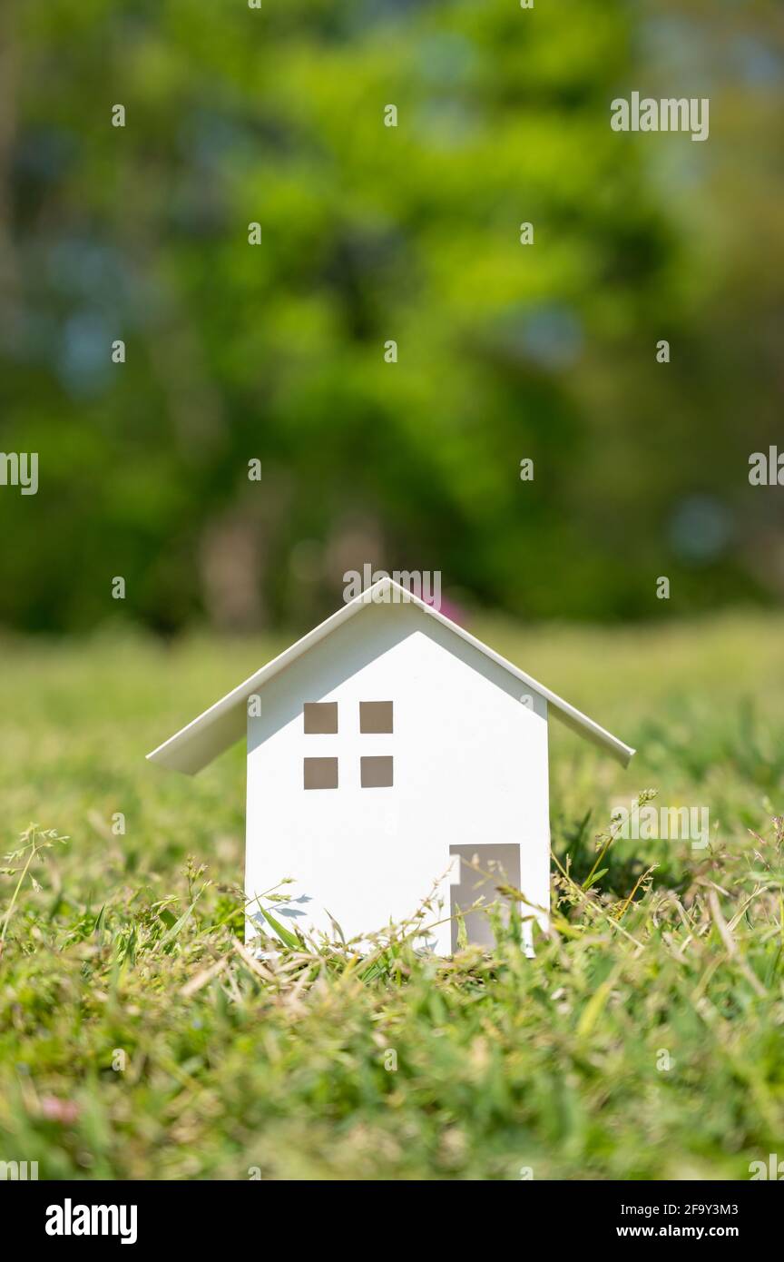 Casa di carta bianca sul prato con spazio di copia sulla parte superiore. Foto Stock