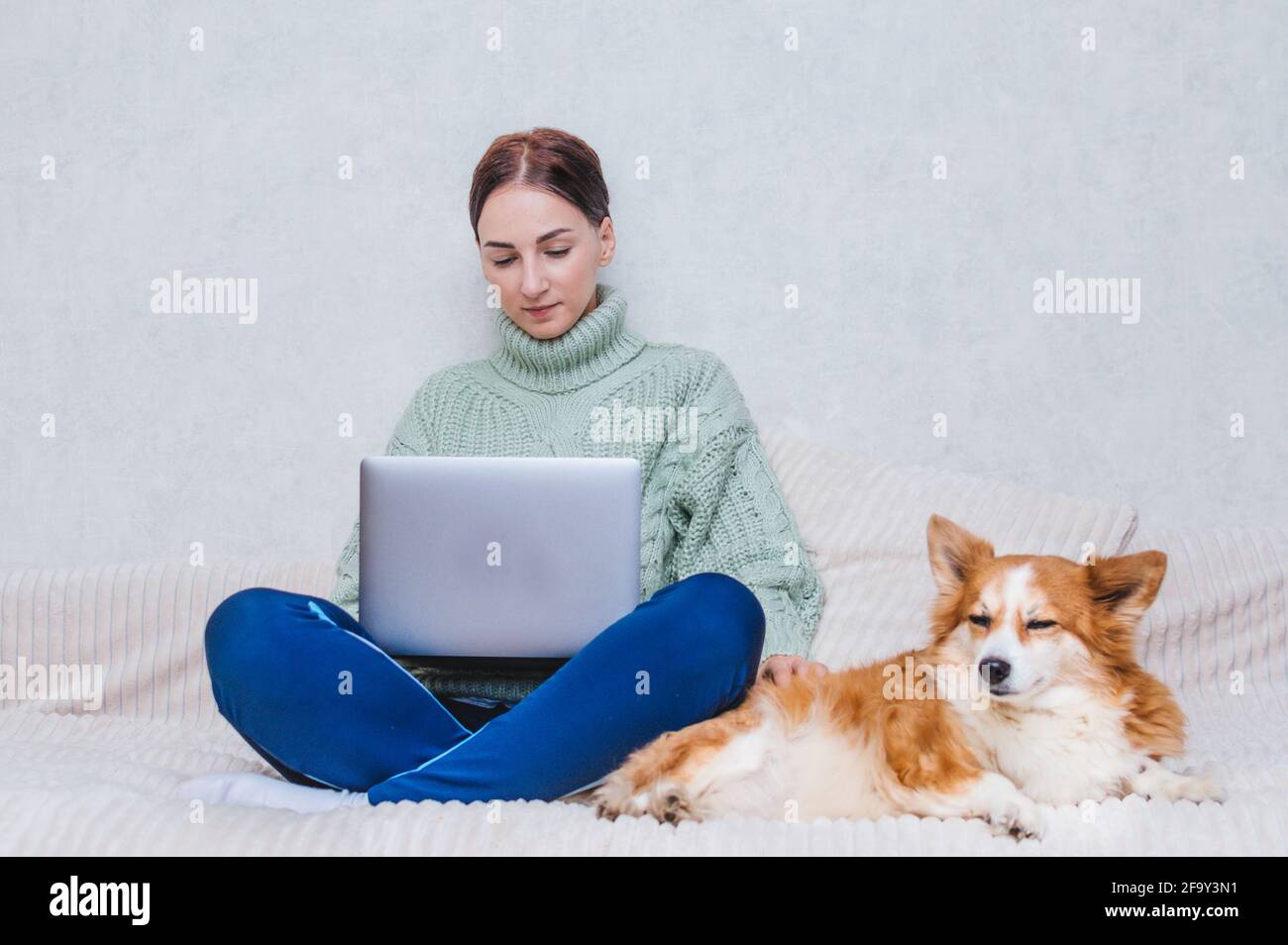 La giovane donna con un cane sul letto lavora con un computer portatile. Concetto di lavoro remoto da casa Foto Stock