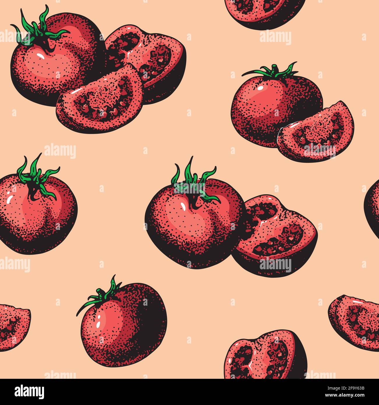 Disegno vettoriale con motivo senza giunture di pomodoro. Pomodori isolati e pezzi tagliati a fette. Illustrazione di stile vegetale incisa. Disegno dettagliato di cibo vegetariano b Illustrazione Vettoriale