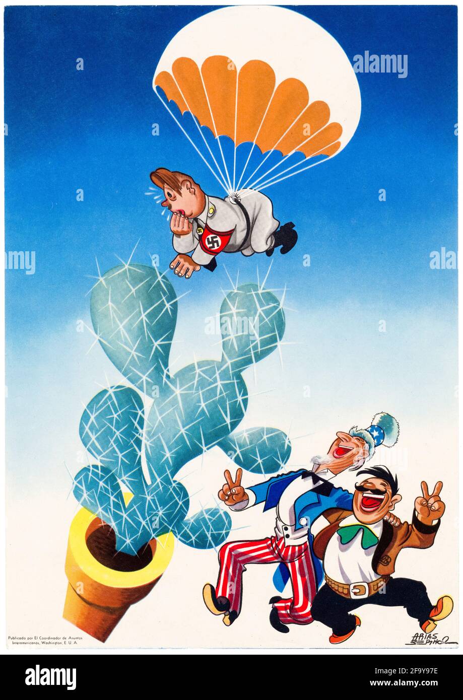 America del Sud e americana, poster di propaganda OCIAA della seconda Guerra Mondiale, Hitler atterra su un Cactus, zio Sam e caricature sudamericane ridendo, 1942-1945 Foto Stock