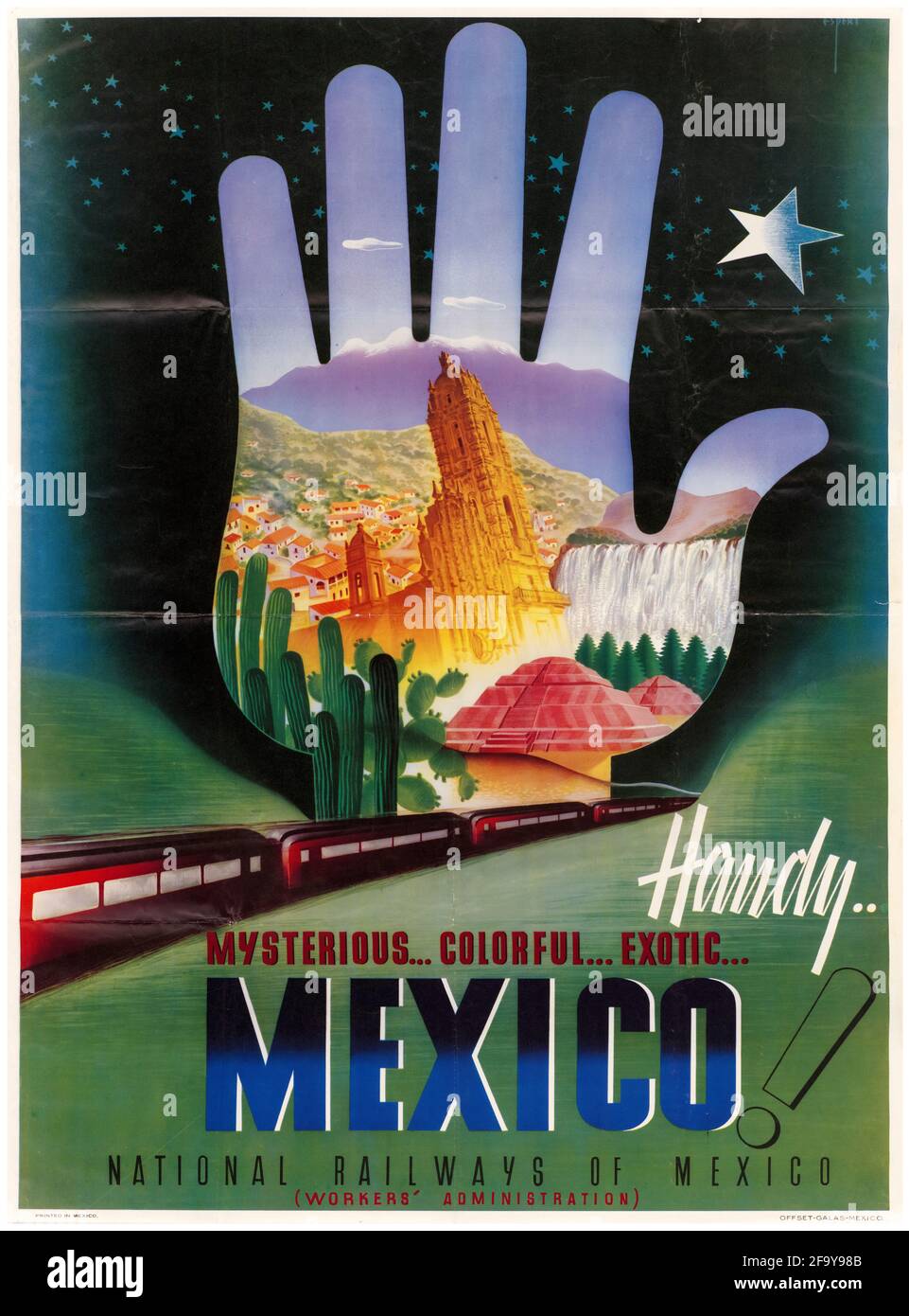 Pratico, misterioso, colorato, Messico esotico, Poster di viaggio d'epoca, (Treno sulla ferrovia messicana), 1942-1945 Foto Stock