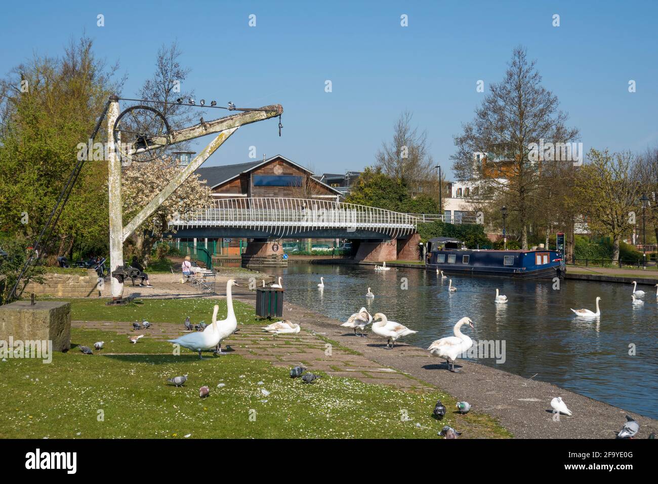 Vista lungo il Kennett e Avon Canal al Wharf, Newbury, West Berkshire, Inghilterra, Regno Unito, Europa Foto Stock