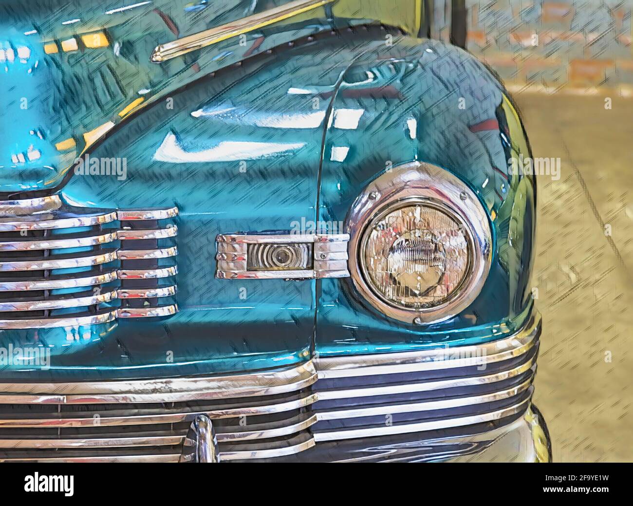 Primo piano di un'auto d'epoca blu con un'illustrazione effetto Foto Stock
