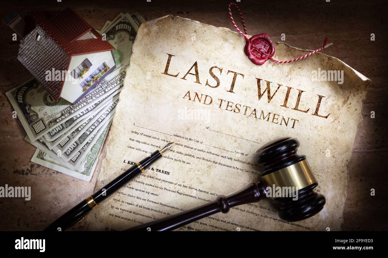 Ultimo testamento e volontà con denaro e pianificazione dell'eredità Foto Stock