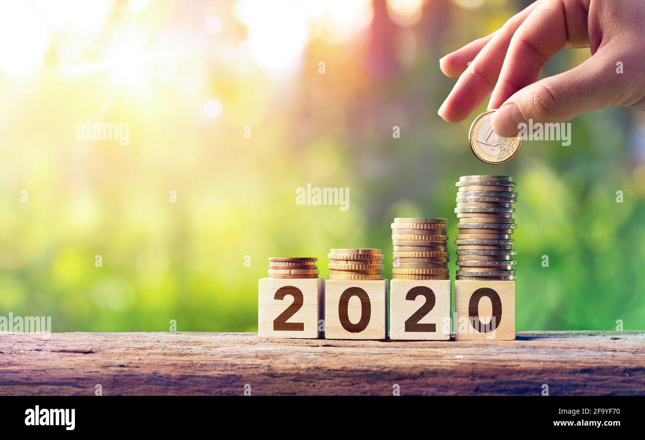 Concetto di previsione di crescita per il 2020 - le monete impilano sul legno Blocchi Foto Stock