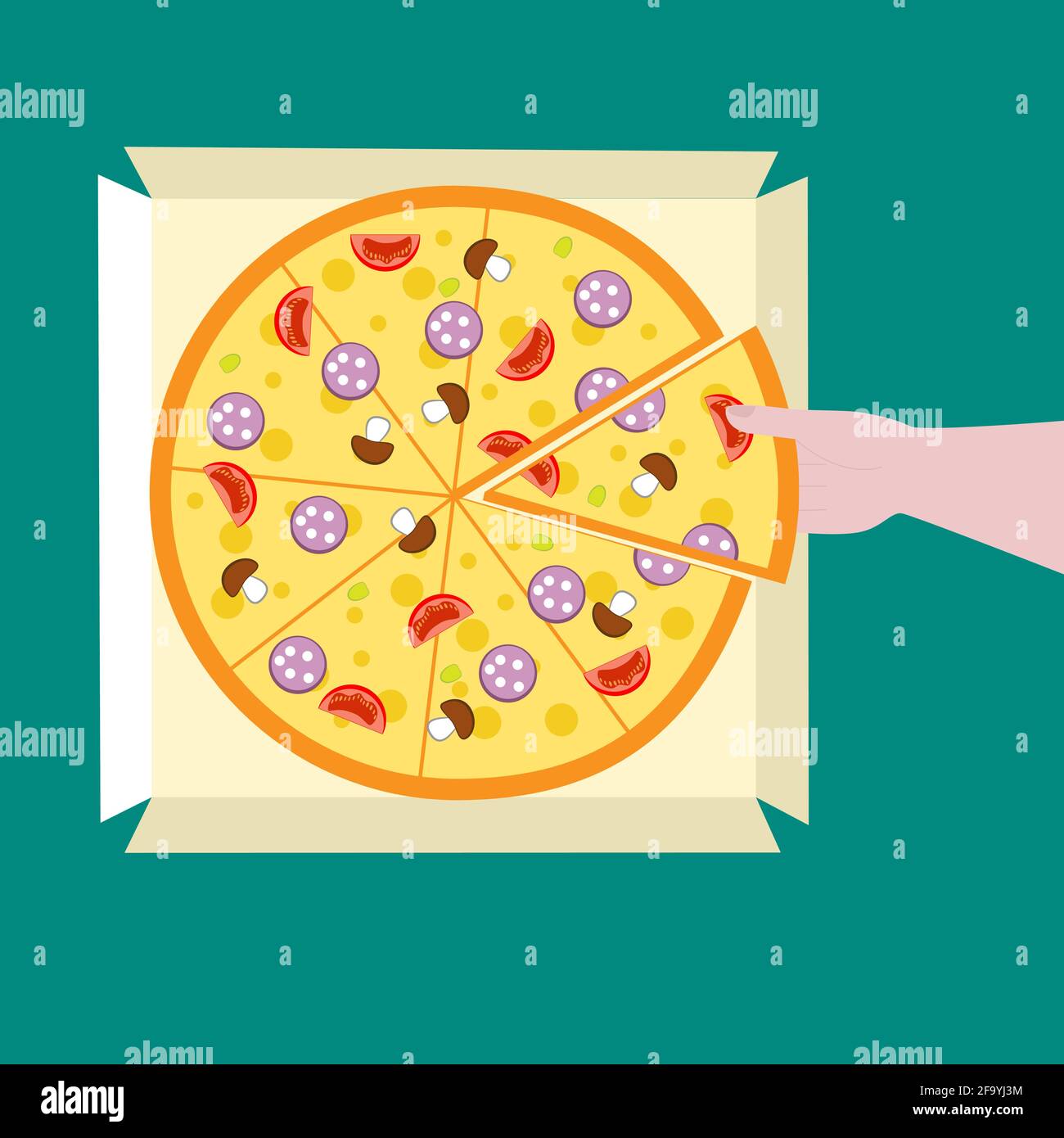 Un uomo prende una fetta di pizza da una scatola di carta. Illustrazione Vettoriale