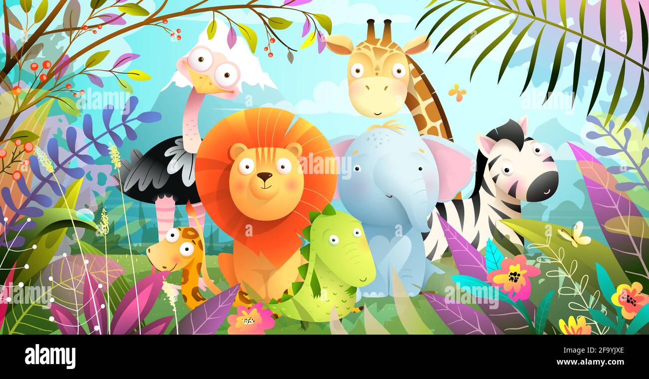 Animali del bambino in African Jungle Forest Landscape Illustrazione Vettoriale