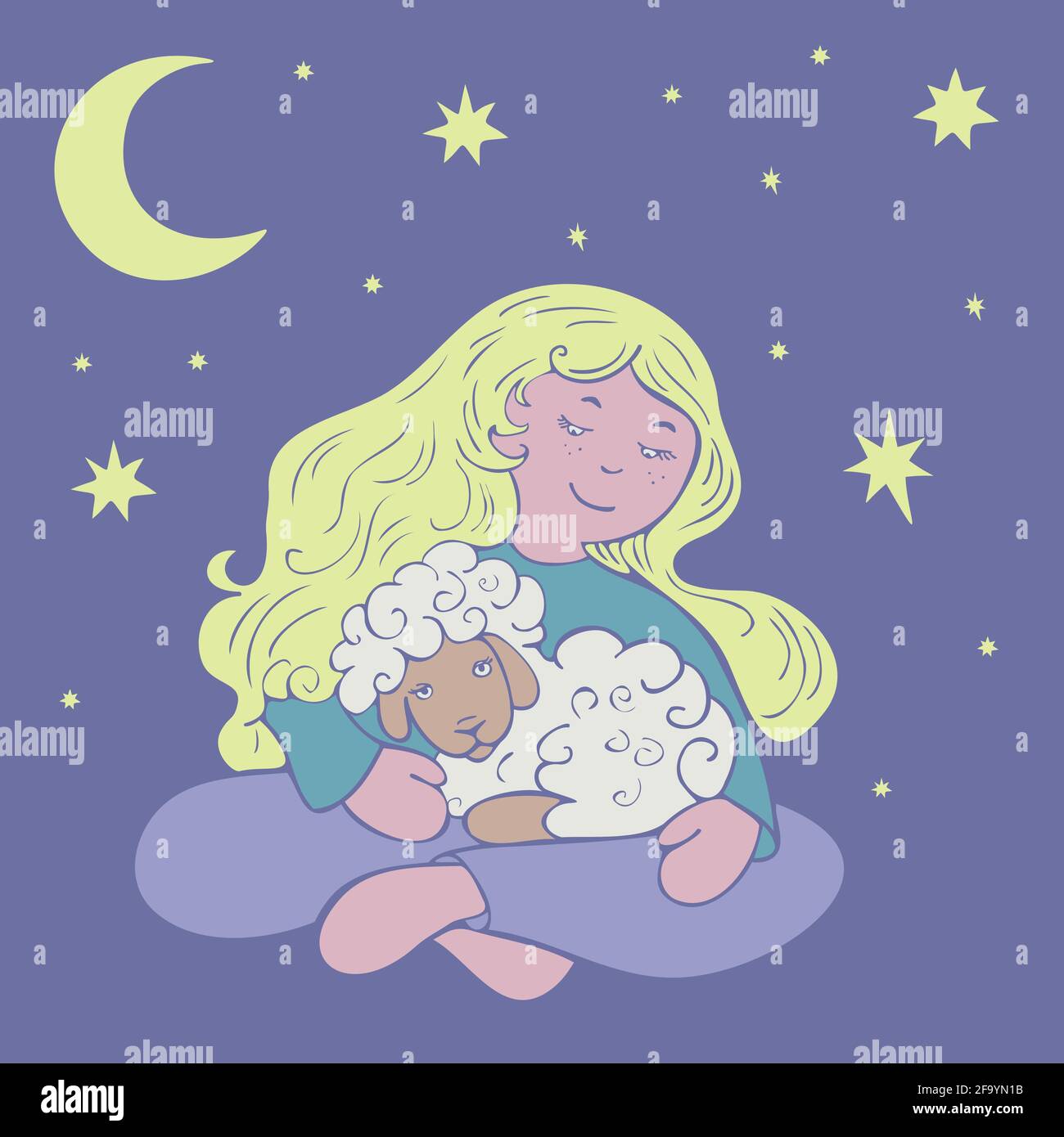 Illustrazione vettoriale con ragazza seduta e agnello con luna e stelle sullo sfondo. Design per Sleepwear o tessuti. Illustrazione Vettoriale