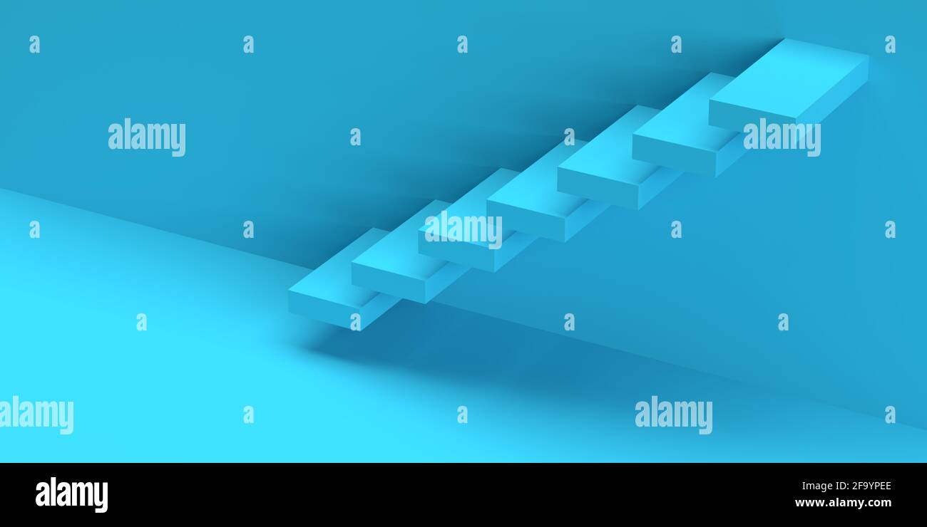 Concetto efficiente di blocchi scala per arrampicata: Gradini 3D in scala con rendering che si arrampicano in un design minimalista. Leadership creativa, obiettivi del lavoro di squadra. Foto Stock