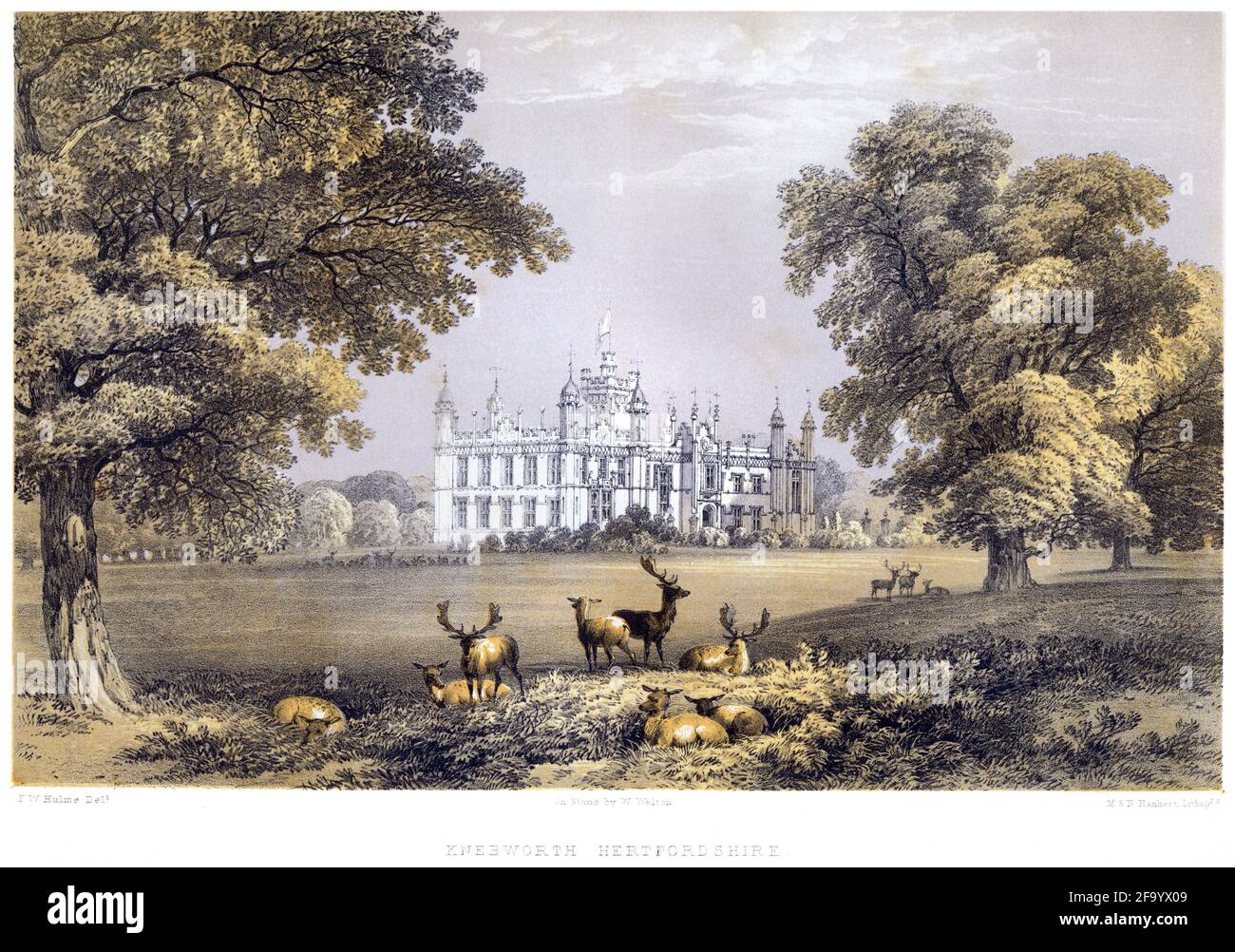 Un litotint di Knebworth House, Hertfordshire UK scansionato ad alta risoluzione da un libro stampato nel 1858. Creduto esente da copyright. Foto Stock