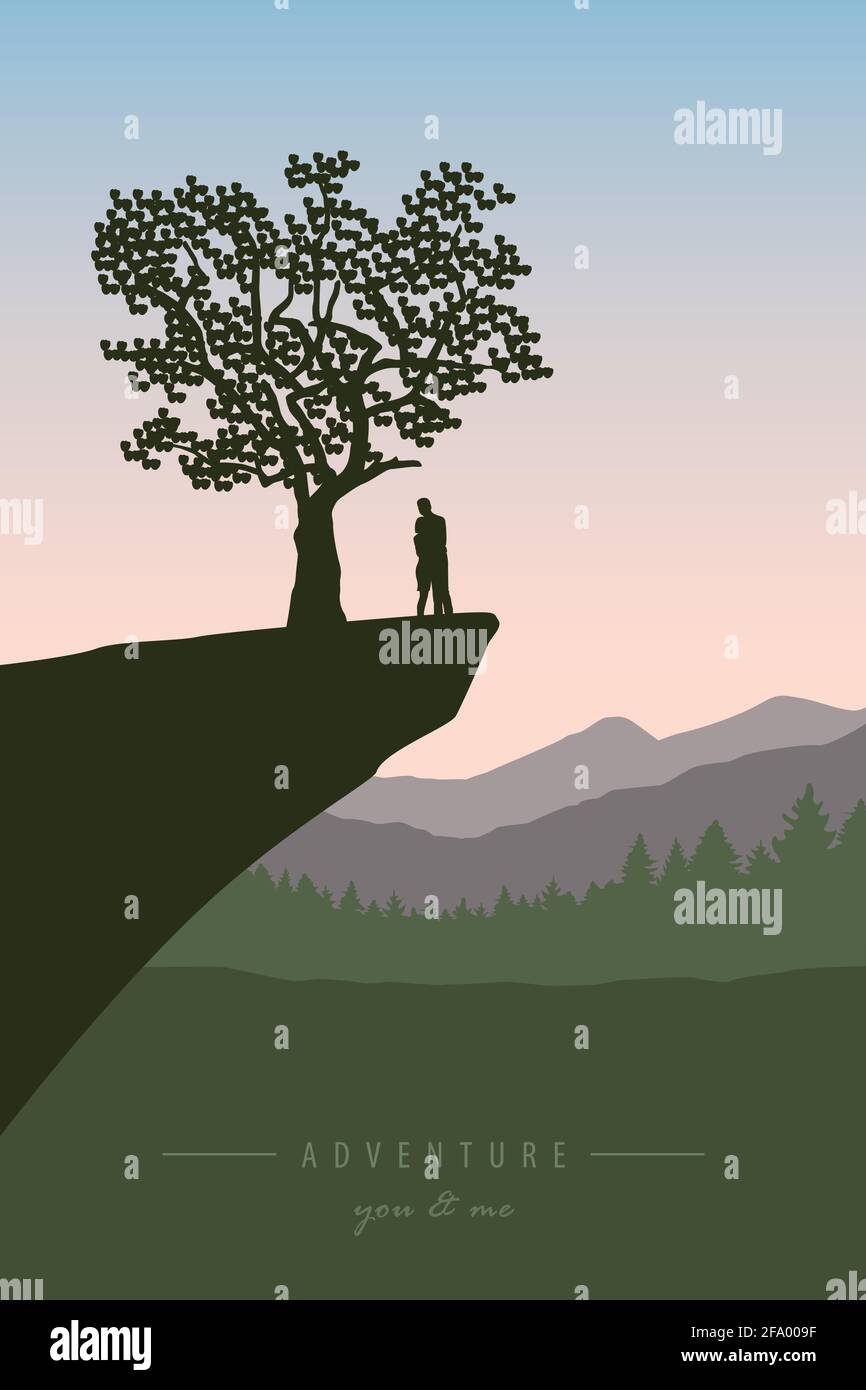 coppia innamorata su una scogliera sotto un albero con vista sulle montagne Illustrazione Vettoriale