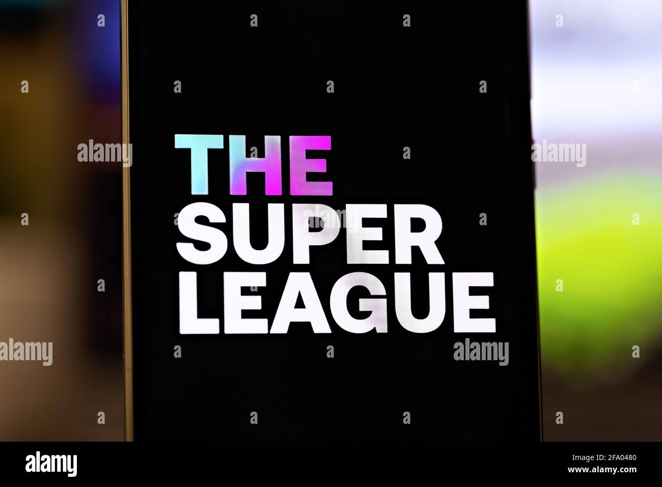 Foto editoriale sul tema della Super League. Foto illustrativa per notizie sulla Super League - una competizione calcistica di alto livello europeo Foto Stock