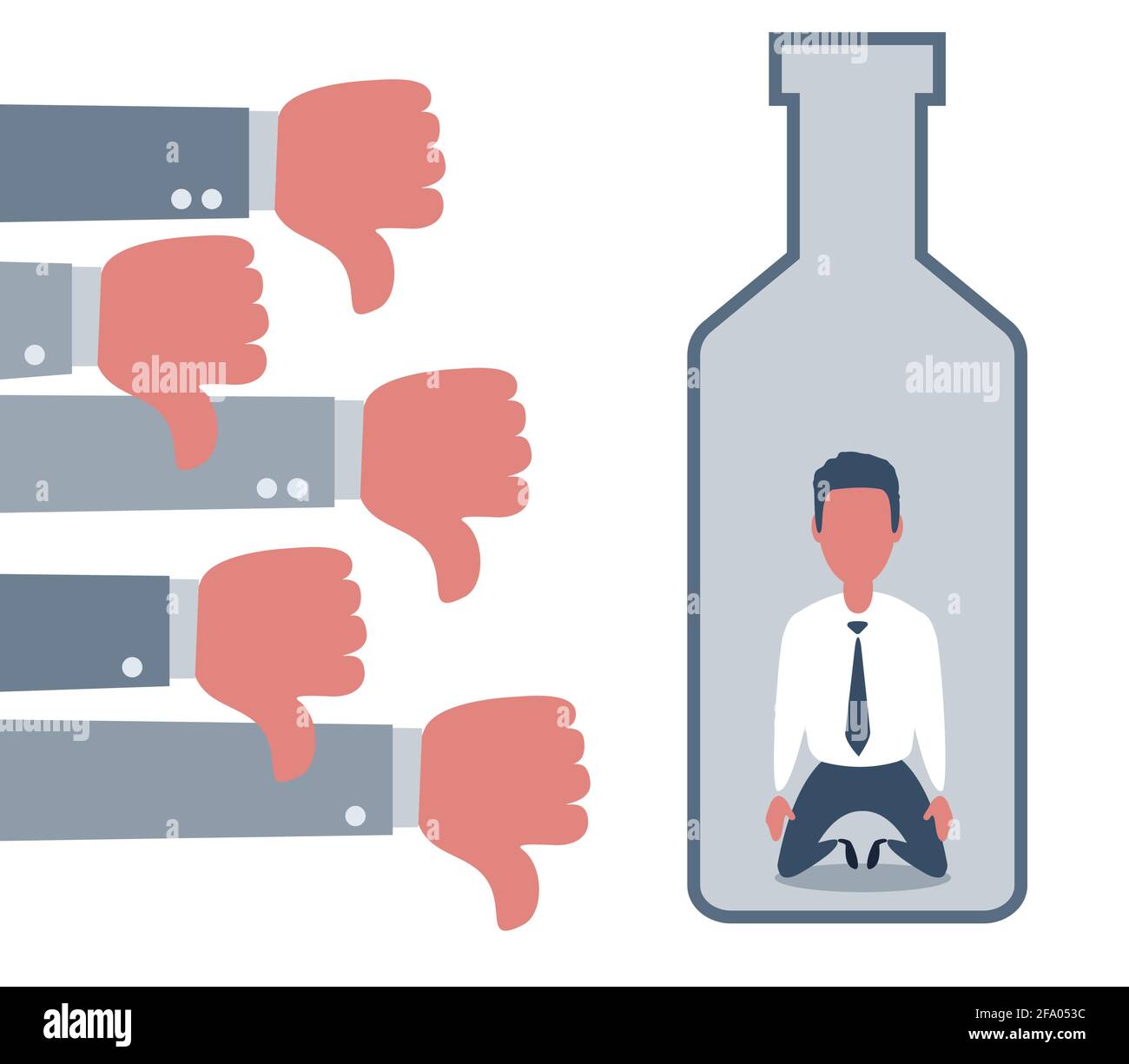 La gente mostra i thumbs giù disgradice per l'uomo depresso e triste in una bottiglia grande di bevanda di alcool. Alcolico dipendente da Flat Style Concept Vector Illustrazione Vettoriale