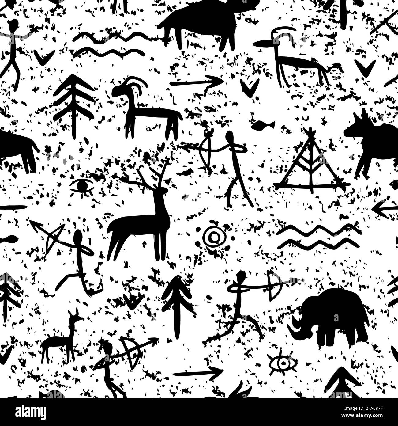 Modello vettoriale senza giunture con dipinti rupestri di esseri umani preistorici, animali, armi. Disegni in grotta di simboli diversi Foto Stock