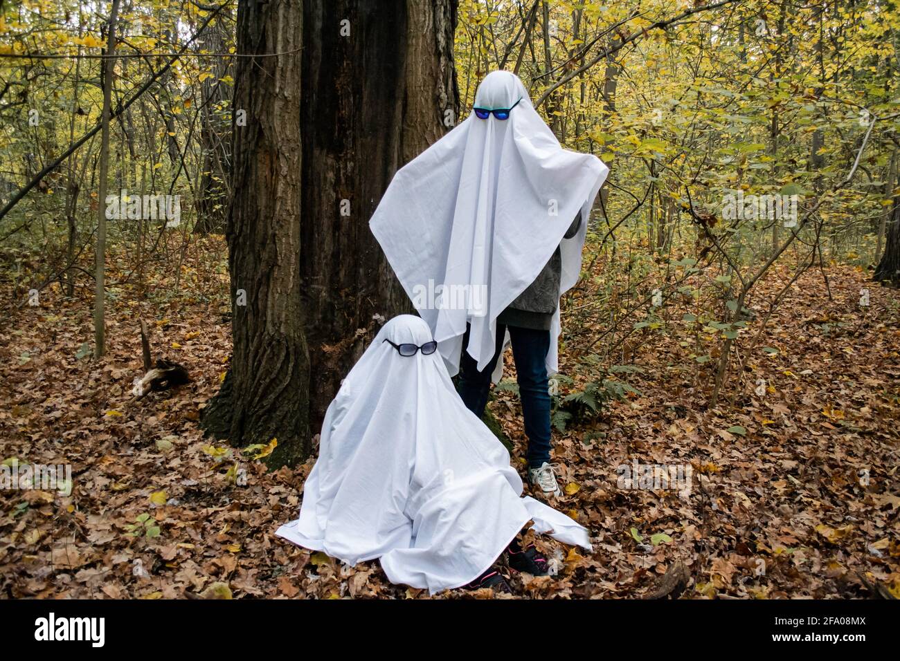 Sfida dei fantasmi nella foresta o nel parco. Due adolescenti  irriconoscibili travestiti da fantasmi con lenzuola bianche e occhiali da  sole. Si sta a ano Foto stock - Alamy