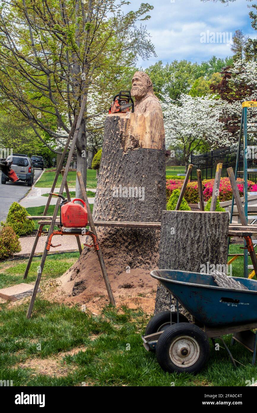 04 14 2021 Tulsa USA Bigfoot essere scolpito da un tree stump con seggiovia e scale e altre attrezzature in quartiere residenziale in primavera. Foto Stock