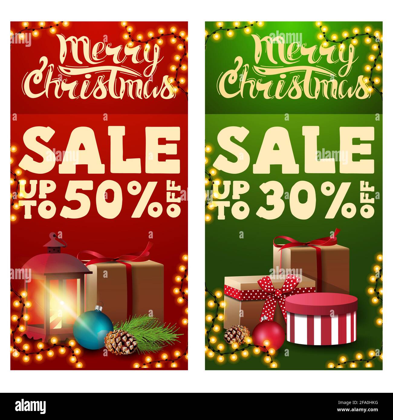 Vendita di Natale scheda di design con garland e regali Foto Stock