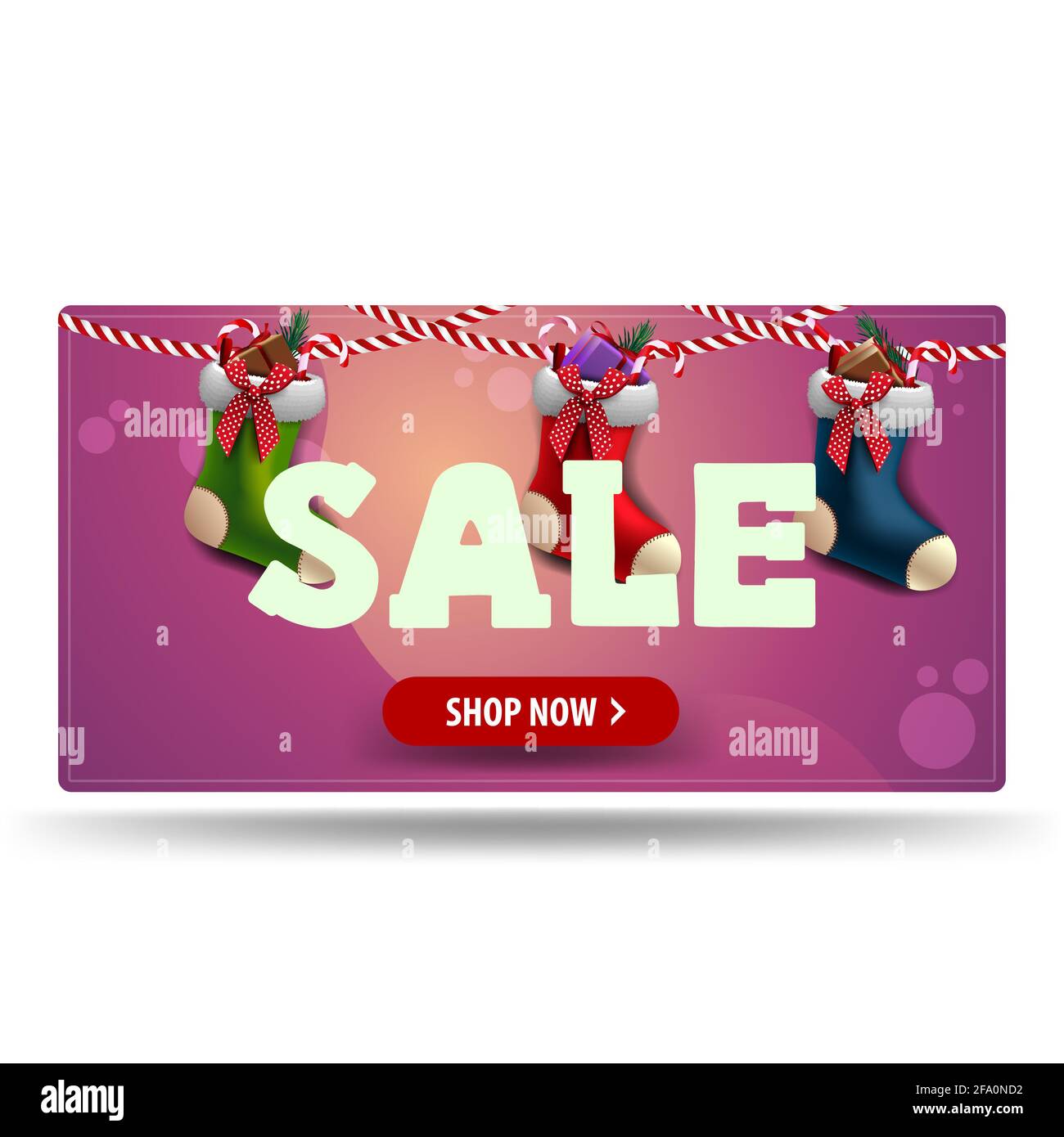 Vendita di Natale, banner sconto rosa con bottone rosso e calze di Natale Foto Stock