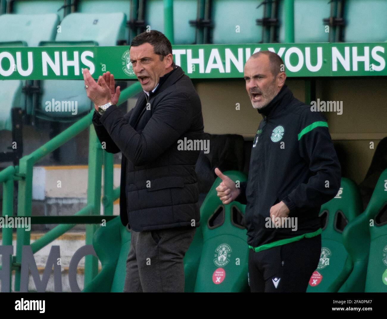 Premiership scozzesi - Hibernian / Livingston. Easter Road Stadium, Edimburgo, Midlothian, Regno Unito. 21 Apr 2021. Gli Hibs ospitano Livingston nella Premier League scozzese a Easter Road, Edimburgo. PIC show: Hibs ha battuto Livingston 2-1 grazie ad una parentesi di gol del primo tempo da Kevin Nisbet e Martin Boyle. Credit: Ian Jacobs/Alamy Live News Foto Stock