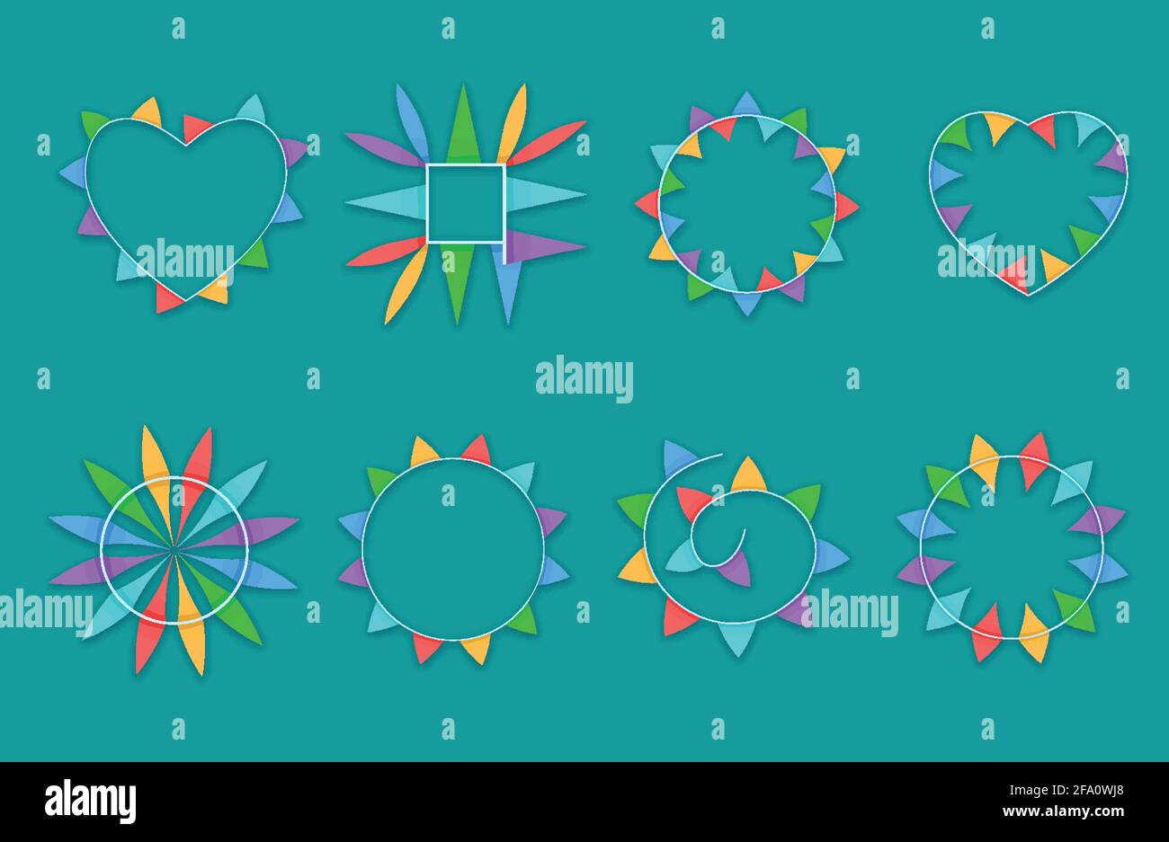 Un set di cornici con caselle di controllo colorate. Cornici rotonde, quadrate e a forma di cuore. Illustrazione vettoriale Illustrazione Vettoriale