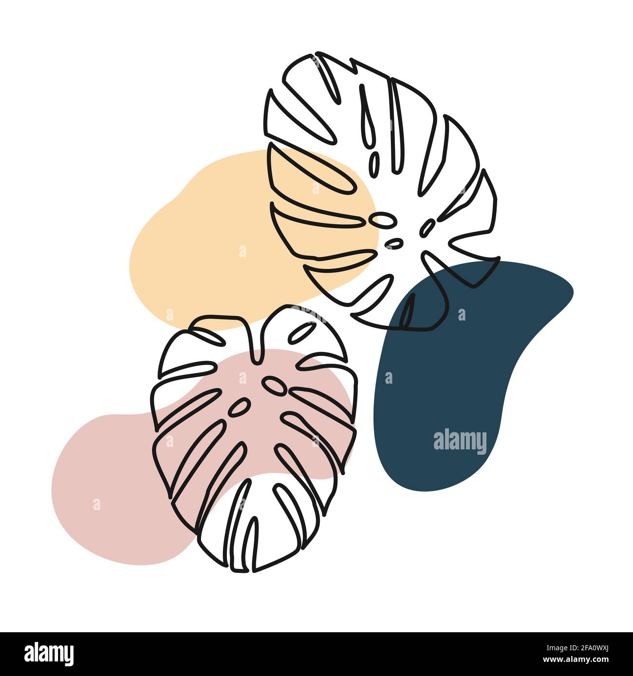 Astrazione alla moda da contorni disegnati a mano di foglie di palma e macchie pastello. Modello vettoriale universale con foglie tropicali, forme disegnate a mano Illustrazione Vettoriale